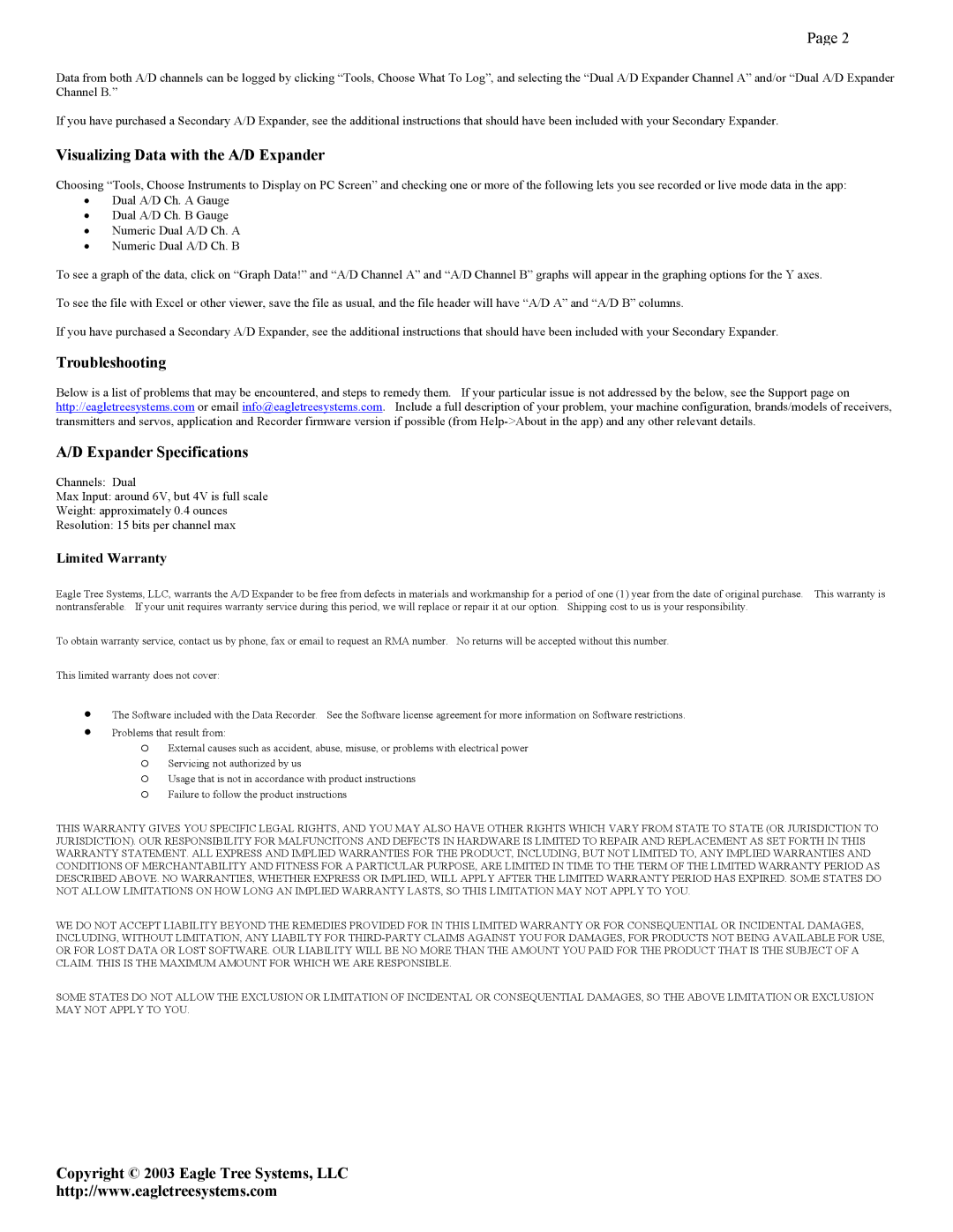 Eagle Tree Systems AD-02 Visualizing Data with the A/D Expander, Troubleshooting Expander Specifications, Limited Warranty 