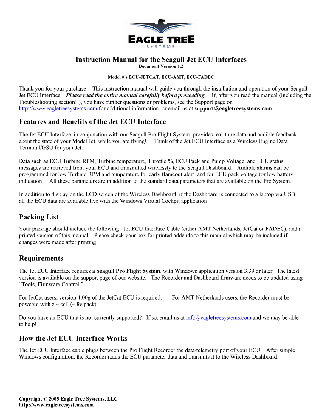 Eagle Tree Systems ECU-JETCAT manual Features and Benefits of the Jet ECU Interface, Packing List, Requirements 