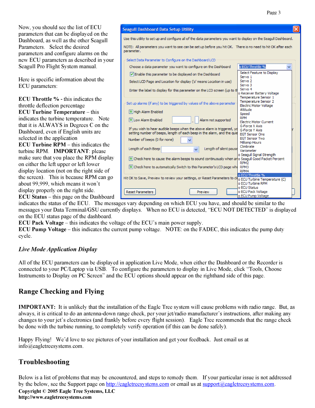 Eagle Tree Systems ECU-JETCAT manual Range Checking and Flying, Troubleshooting 