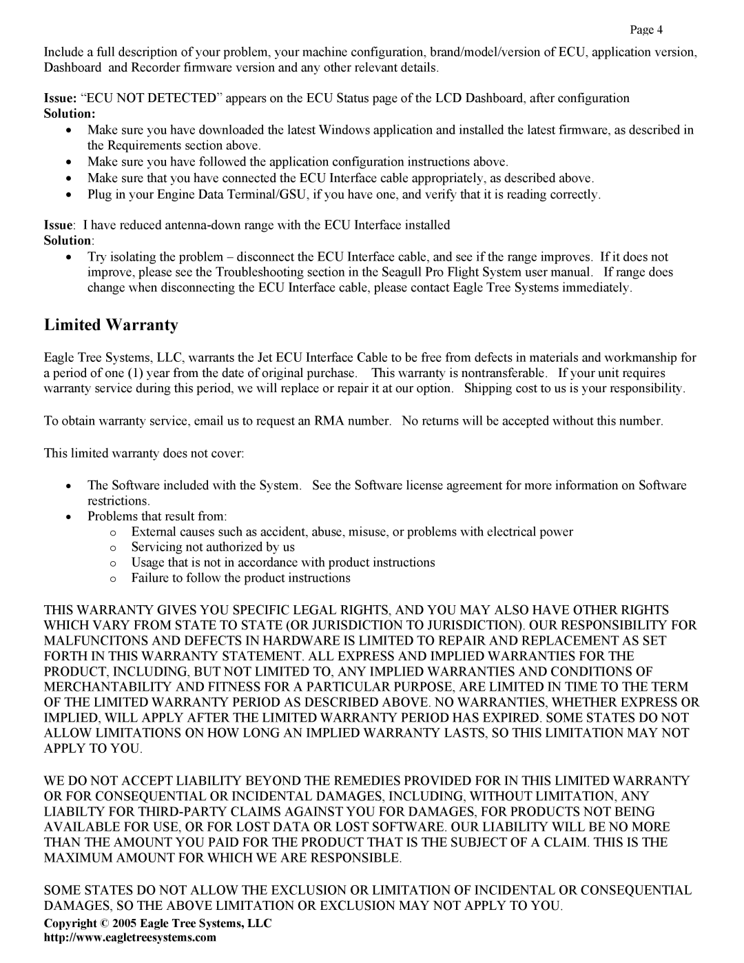 Eagle Tree Systems ECU-JETCAT manual Limited Warranty, Solution 