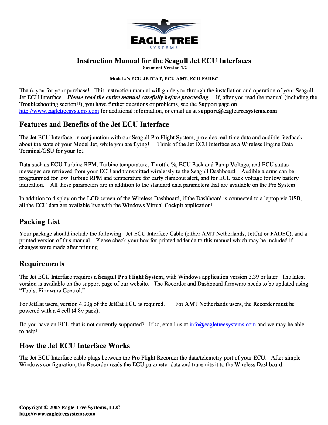 Eagle Tree Systems ECU-JETCAT manual Instruction Manual for the Seagull Jet ECU Interfaces, Packing List, Requirements 