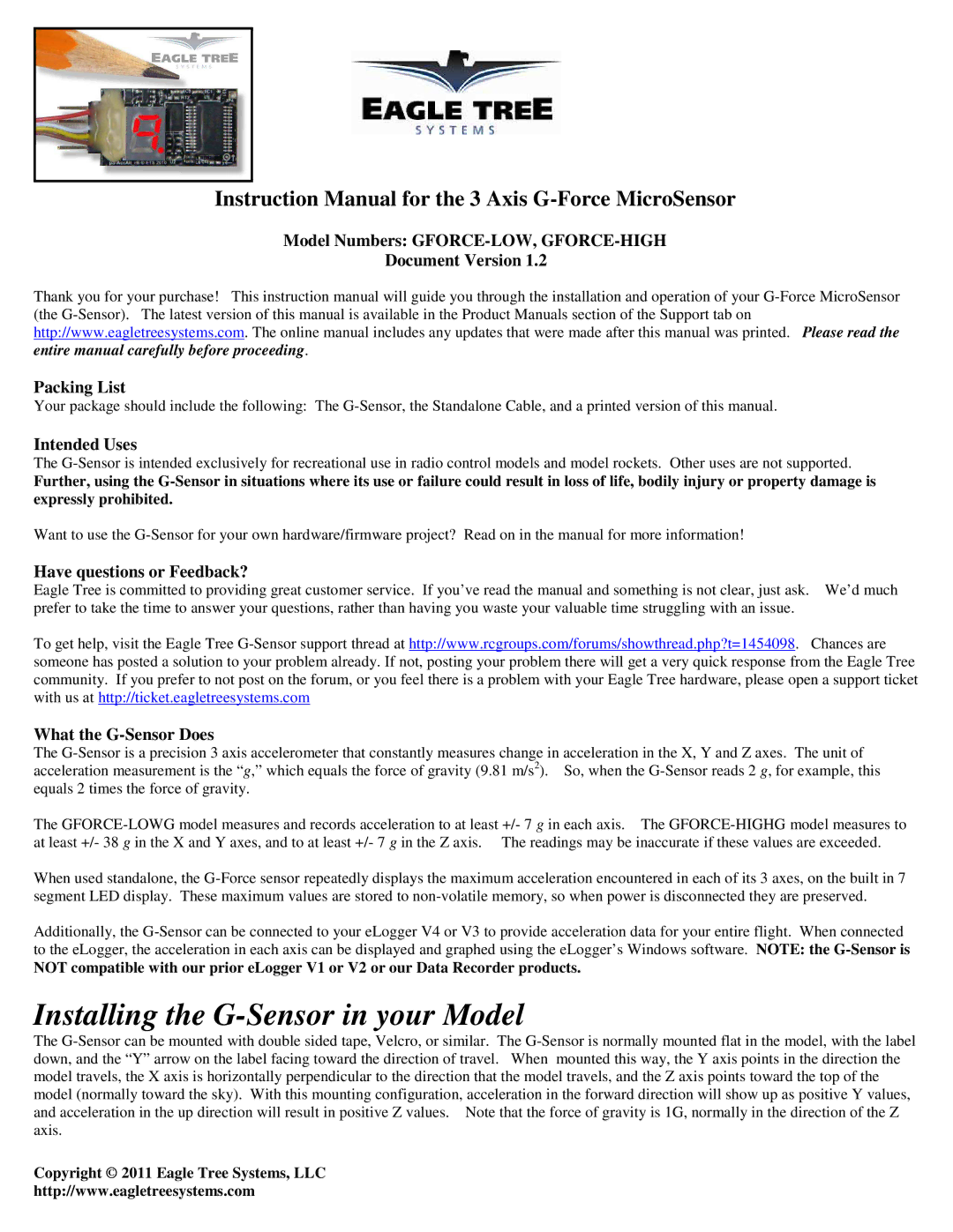 Eagle Tree Systems GFORCE-LOW manual Installing the G-Sensor in your Model, Intended Uses, Have questions or Feedback? 