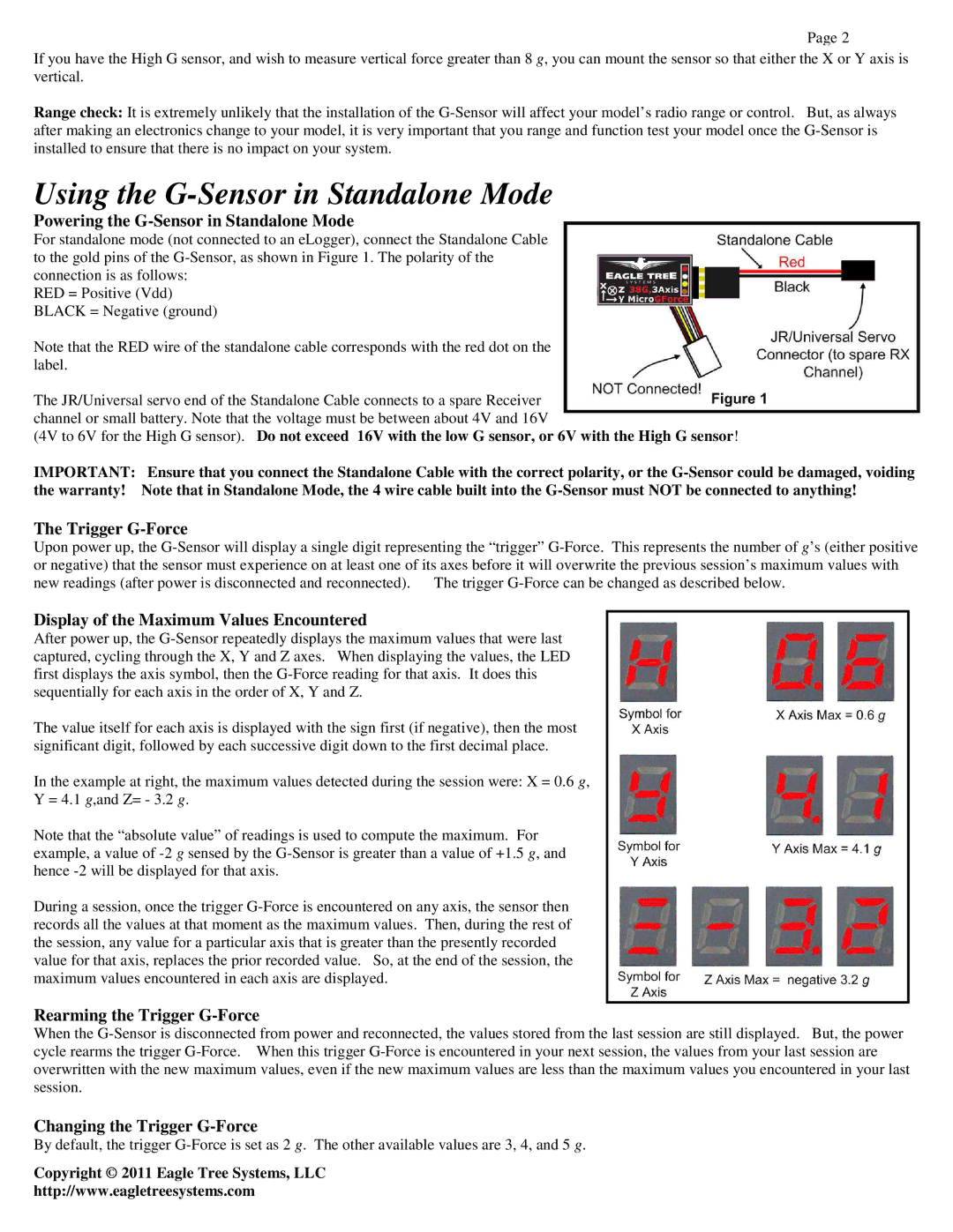 Eagle Tree Systems GFORCE-HIGH, GFORCE-LOW manual Using the G-Sensor in Standalone Mode 