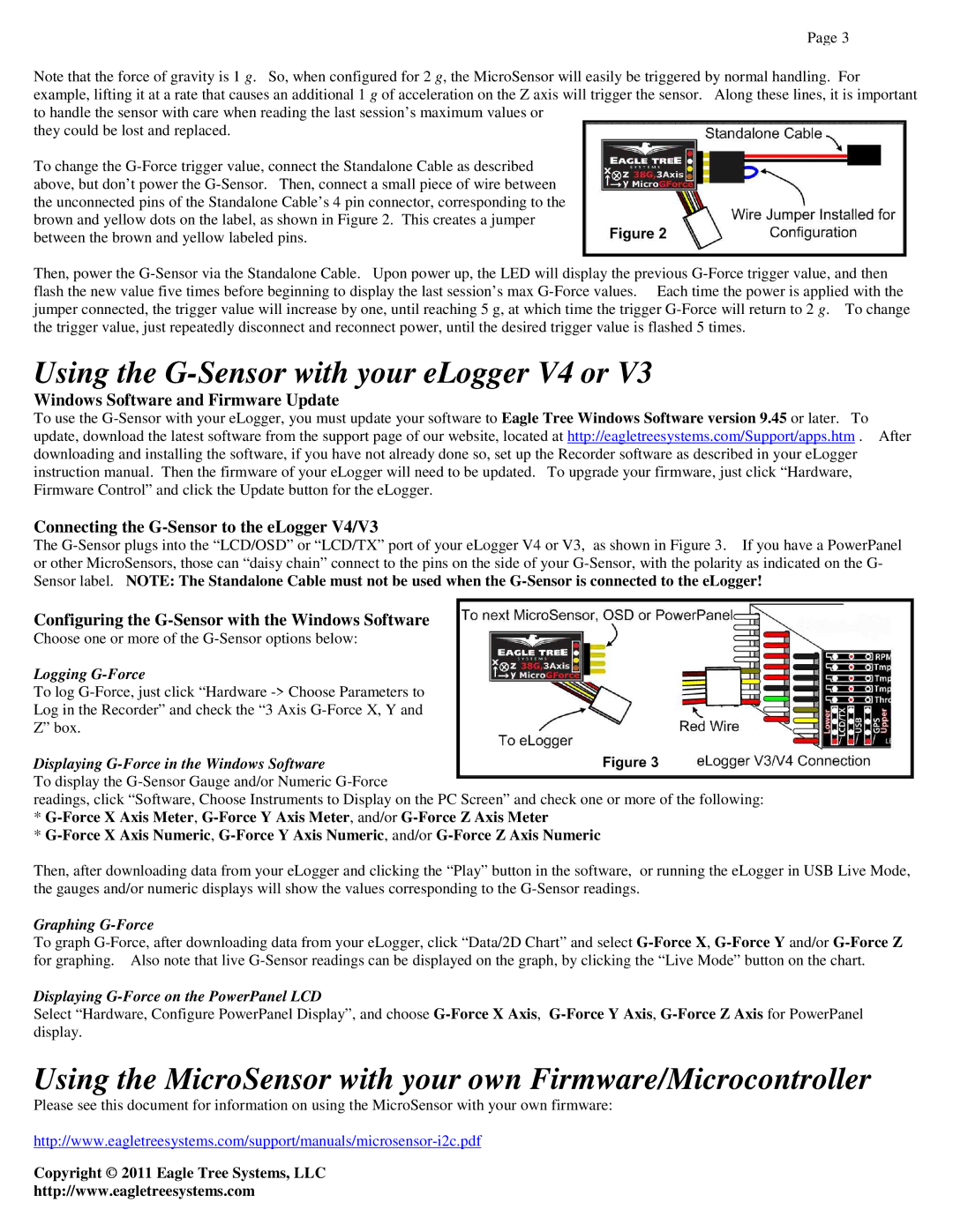 Eagle Tree Systems GFORCE-LOW, GFORCE-HIGH manual Using the G-Sensor with your eLogger V4 or 