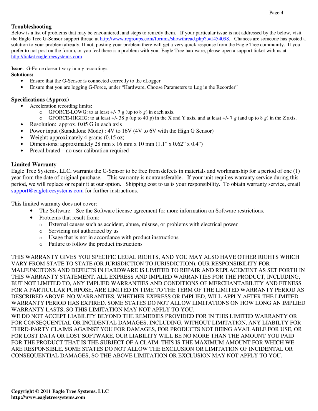 Eagle Tree Systems GFORCE-HIGH, GFORCE-LOW manual Troubleshooting, Specifications Approx, Limited Warranty, Solutions 
