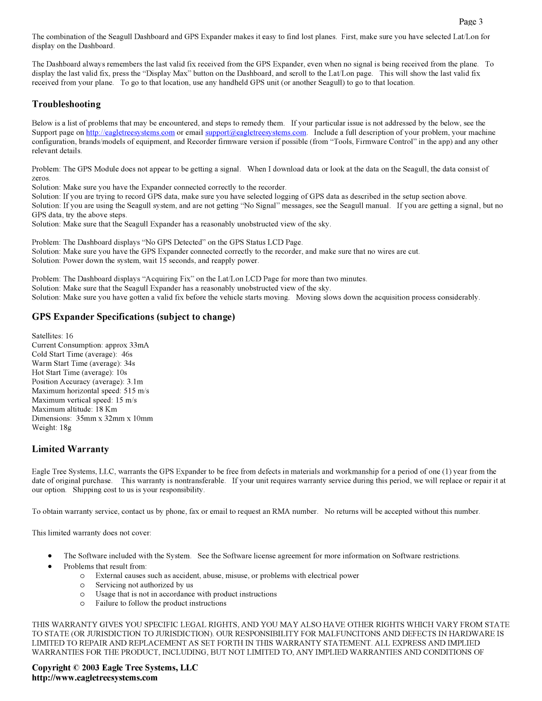 Eagle Tree Systems GPS-001 manual Troubleshooting, GPS Expander Specifications subject to change, Limited Warranty 