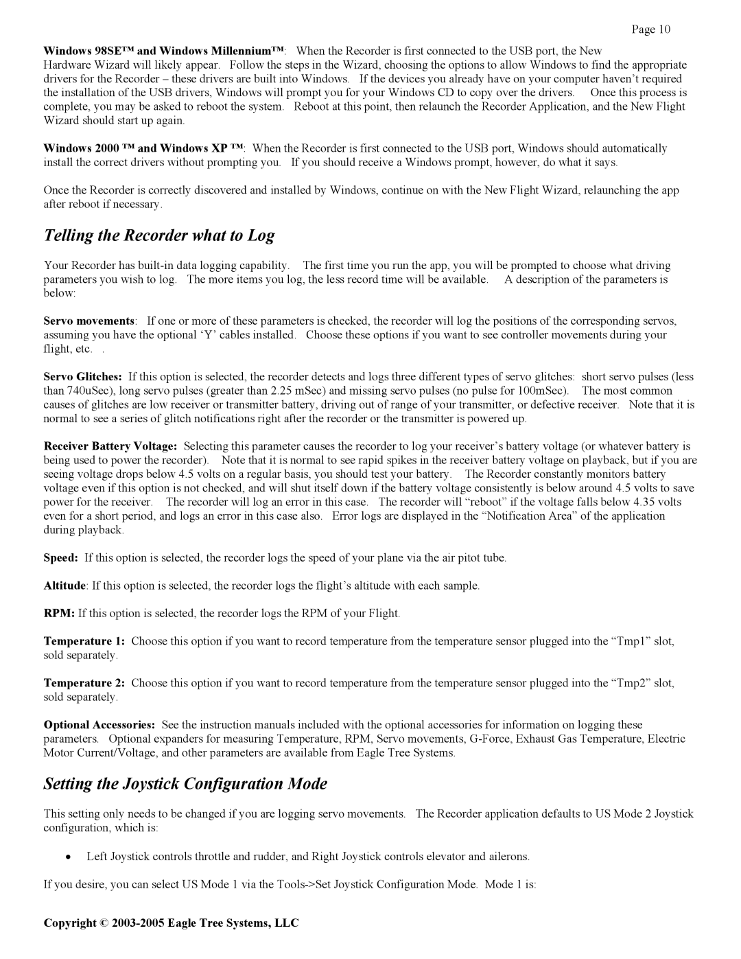 Eagle Tree Systems Seagull Glide manual Telling the Recorder what to Log, Setting the Joystick Configuration Mode 