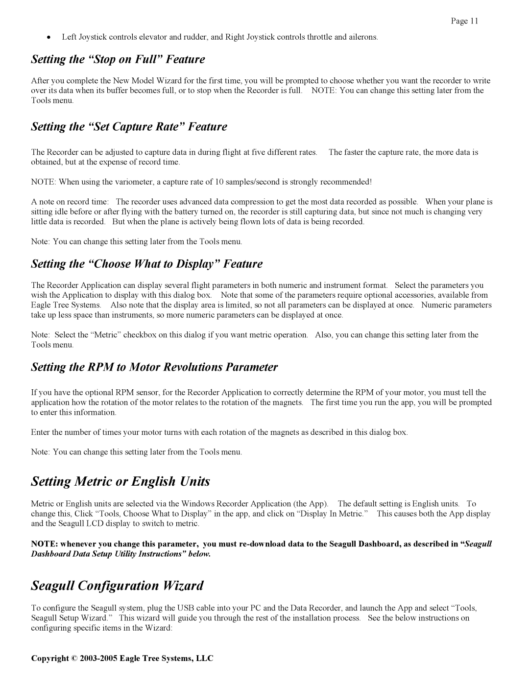 Eagle Tree Systems Seagull Glide manual Setting Metric or English Units, Seagull Configuration Wizard 