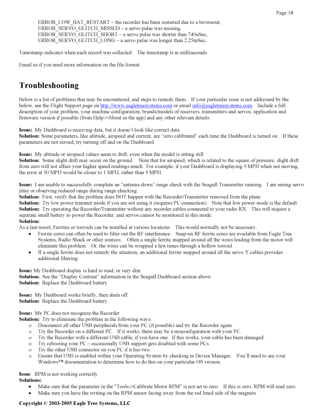 Eagle Tree Systems Seagull Glide manual Troubleshooting 