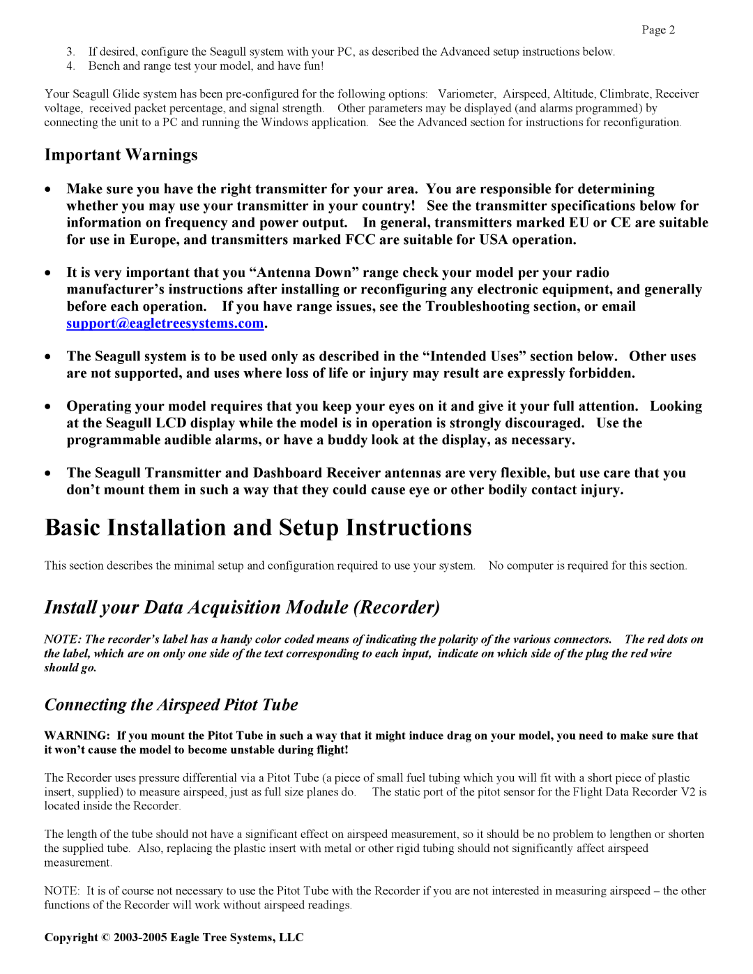 Eagle Tree Systems Seagull Glide manual Install your Data Acquisition Module Recorder, Important Warnings 