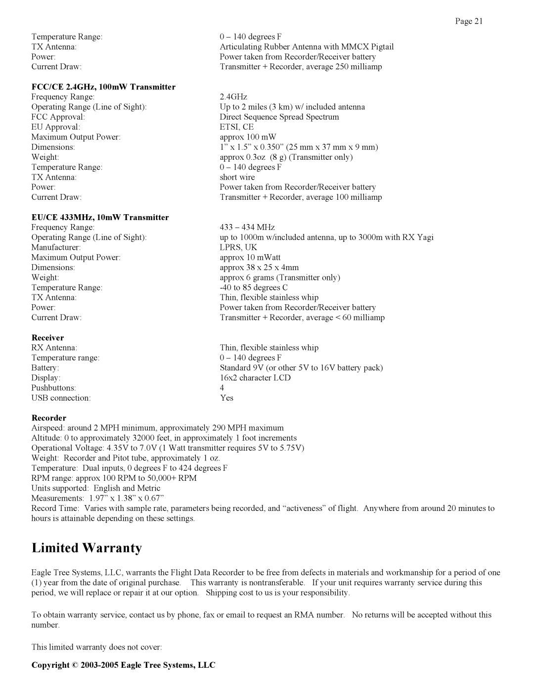 Eagle Tree Systems Seagull Glide manual Limited Warranty, Etsi, Ce 