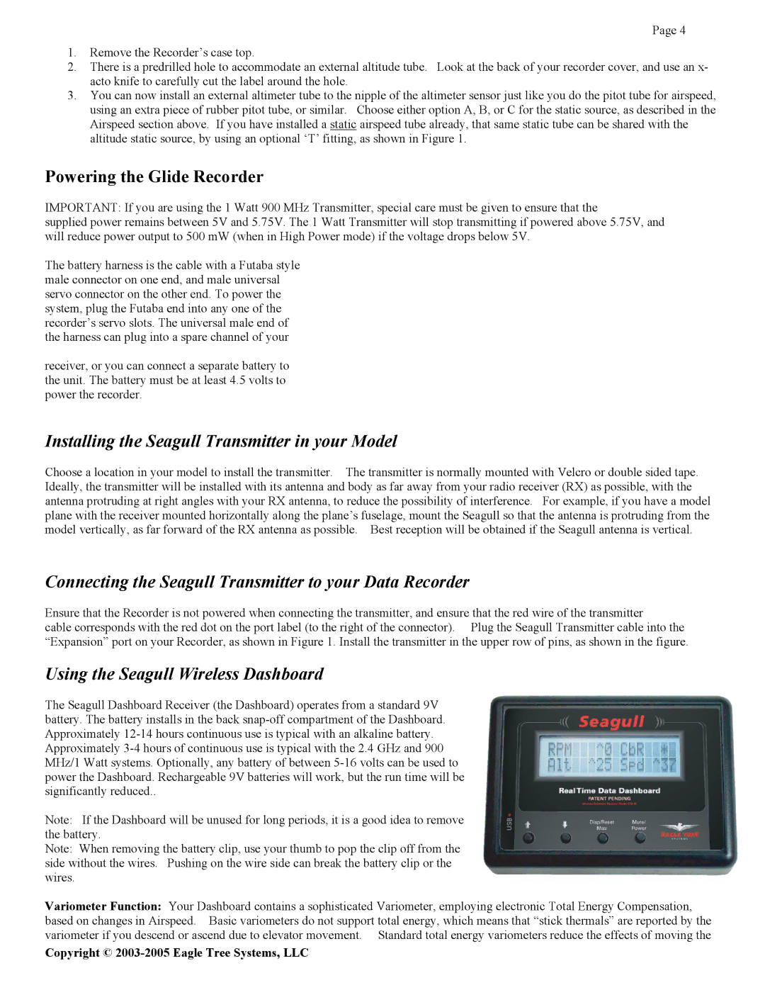 Eagle Tree Systems Seagull Glide manual Powering the Glide Recorder, Installing the Seagull Transmitter in your Model 