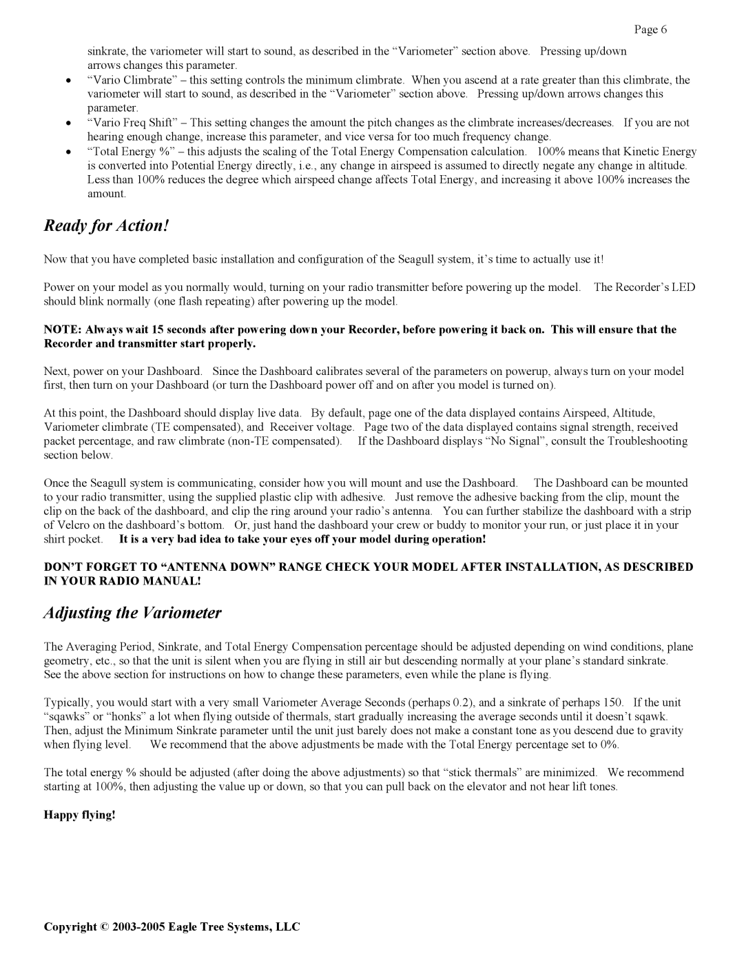 Eagle Tree Systems Seagull Glide manual Ready for Action, Adjusting the Variometer 