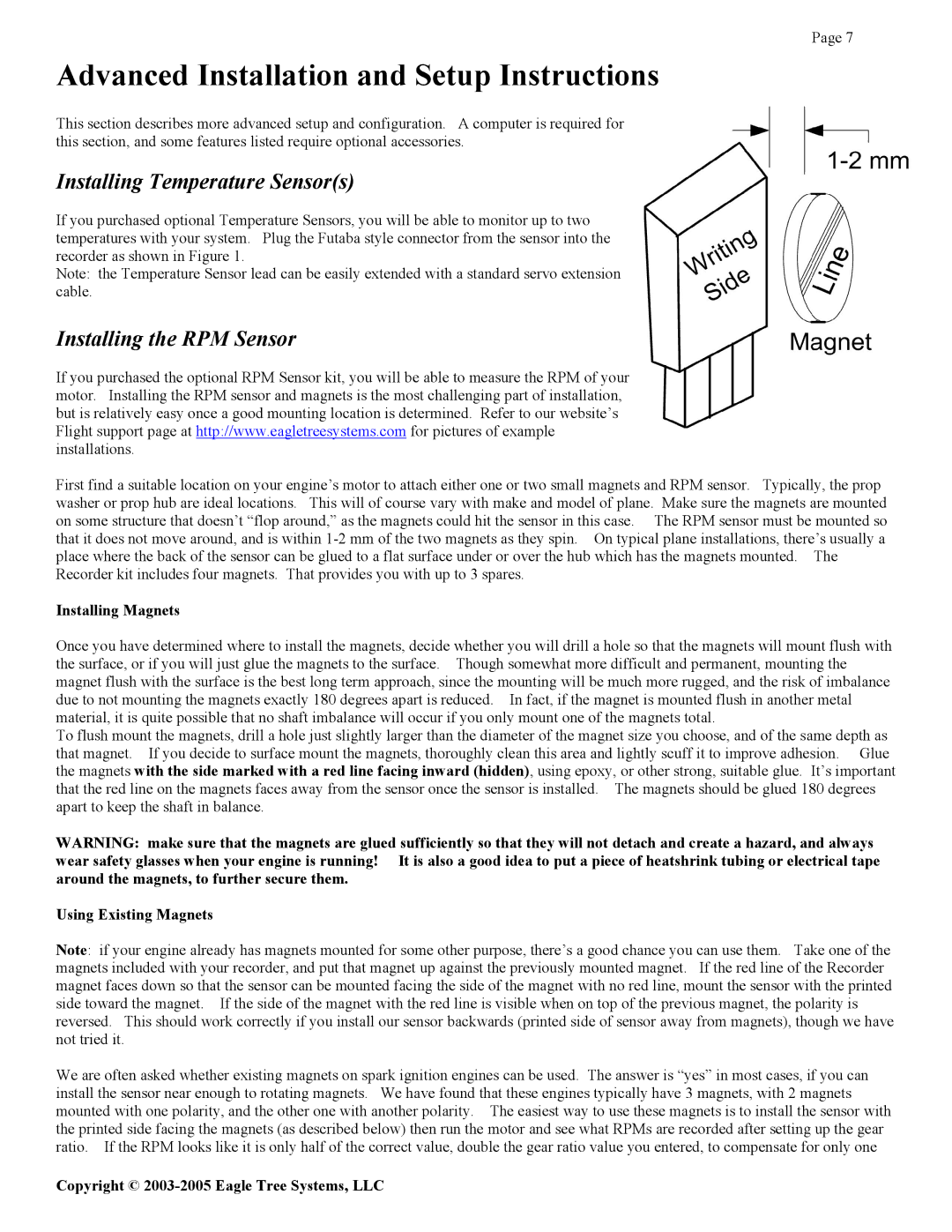 Eagle Tree Systems Seagull Glide manual Installing Temperature Sensors, Installing the RPM Sensor 