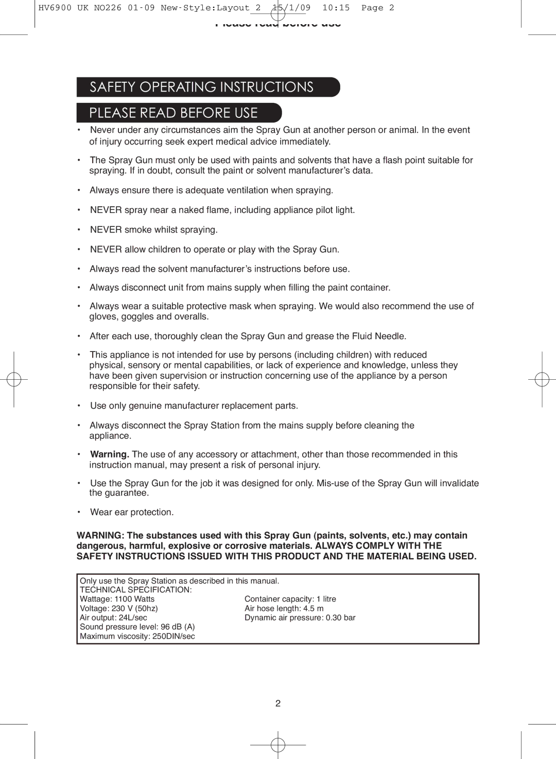 Earlex 6900 instruction manual Safety Operating Instructions Please Read Before USE, Technical Specification 