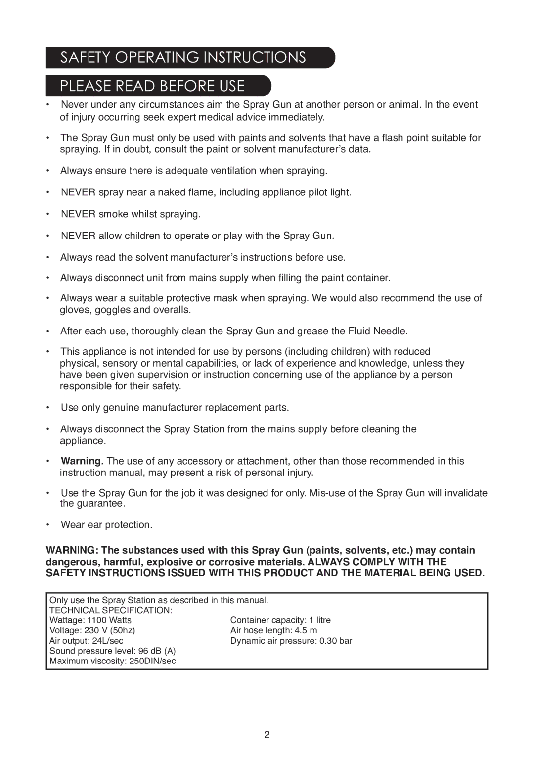 Earlex 6900 instruction manual Safety Operating Instructions Please Read Before USE, Technical Specification 