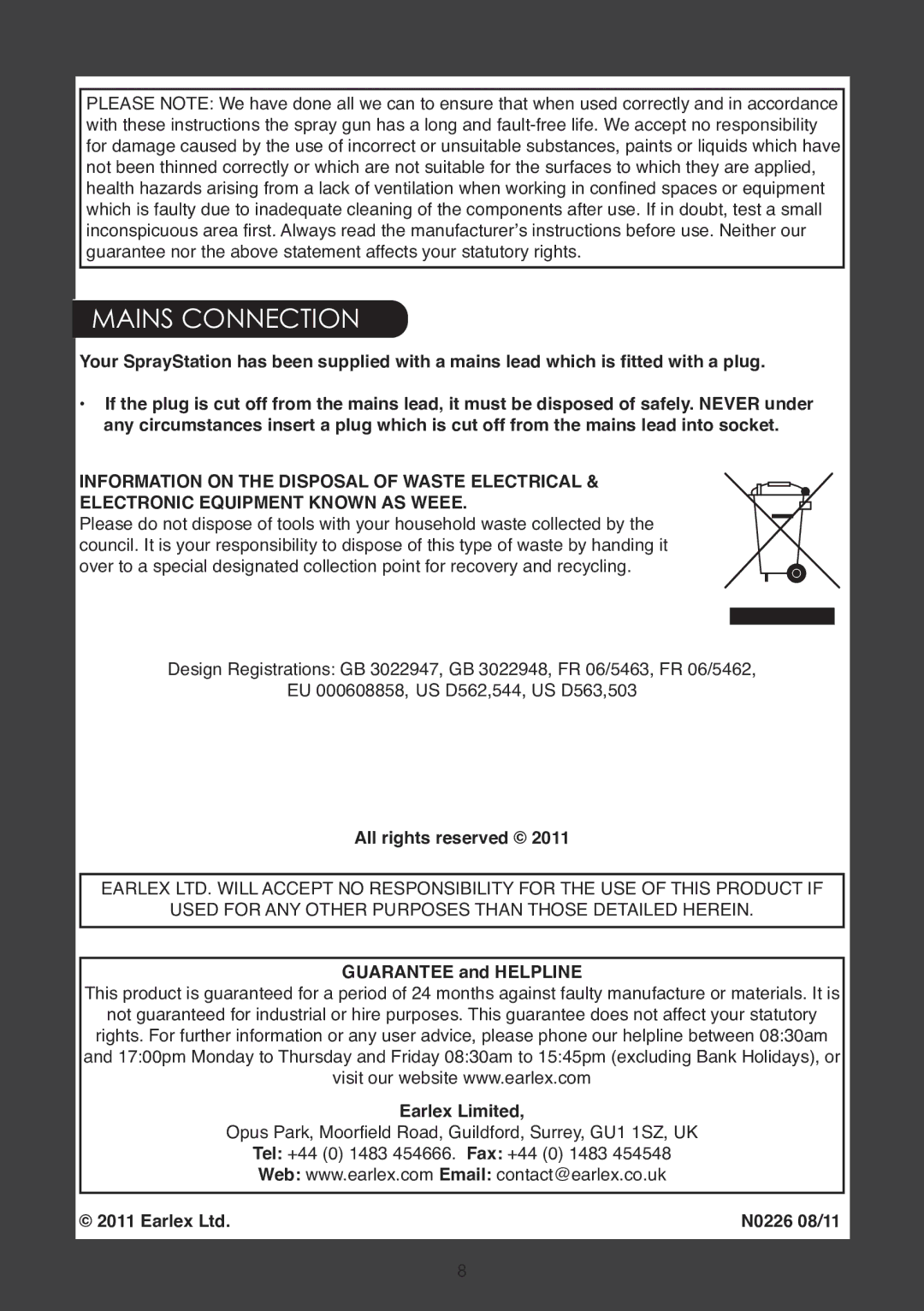 Earlex 6900 instruction manual Mains Connection, All rights reserved, Guarantee and Helpline, Earlex Limited 