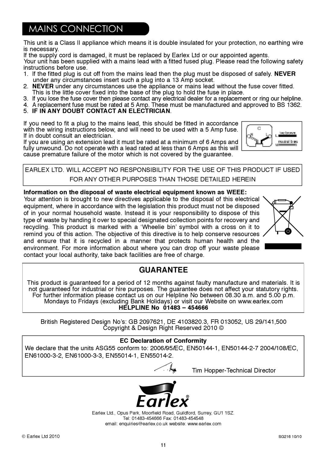 Earlex ASG55 operating instructions Mains Connection, If in ANY DOuBT cONTAcT AN ELEcTRIcIAN 