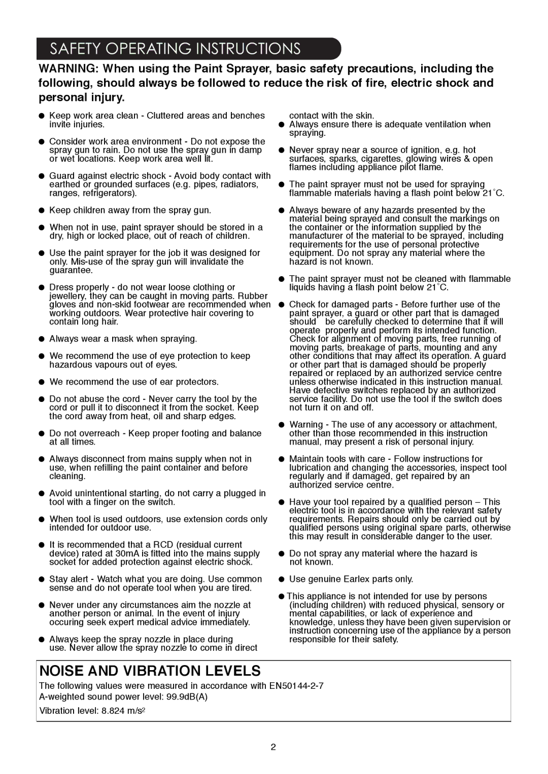 Earlex ASG55 operating instructions Safety Operating Instructions, Noise and Vibration Levels 