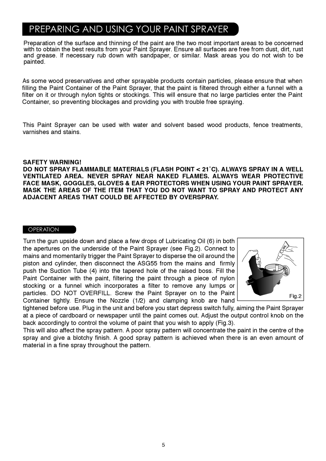 Earlex ASG55 operating instructions Preparing and Using Your Paint Sprayer, Safety Warning 