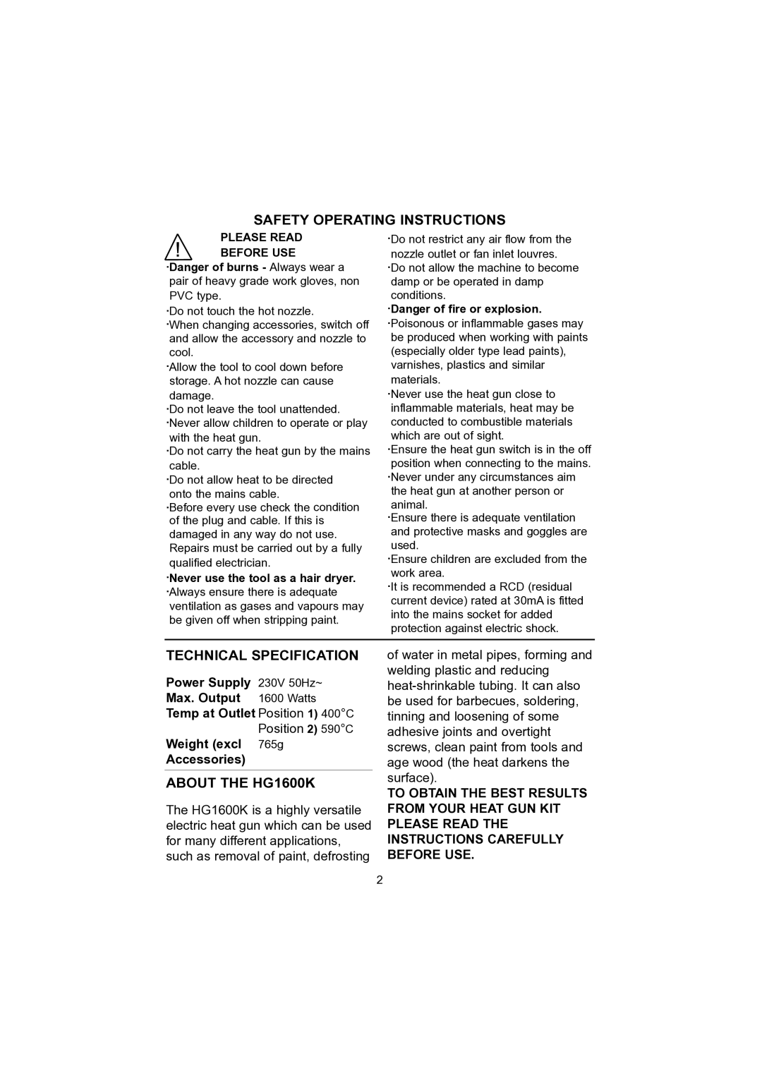 Earlex HG 1600K Safety Operating Instructions, Technical Specification, About the HG1600K, Weight excl 765g Accessories 