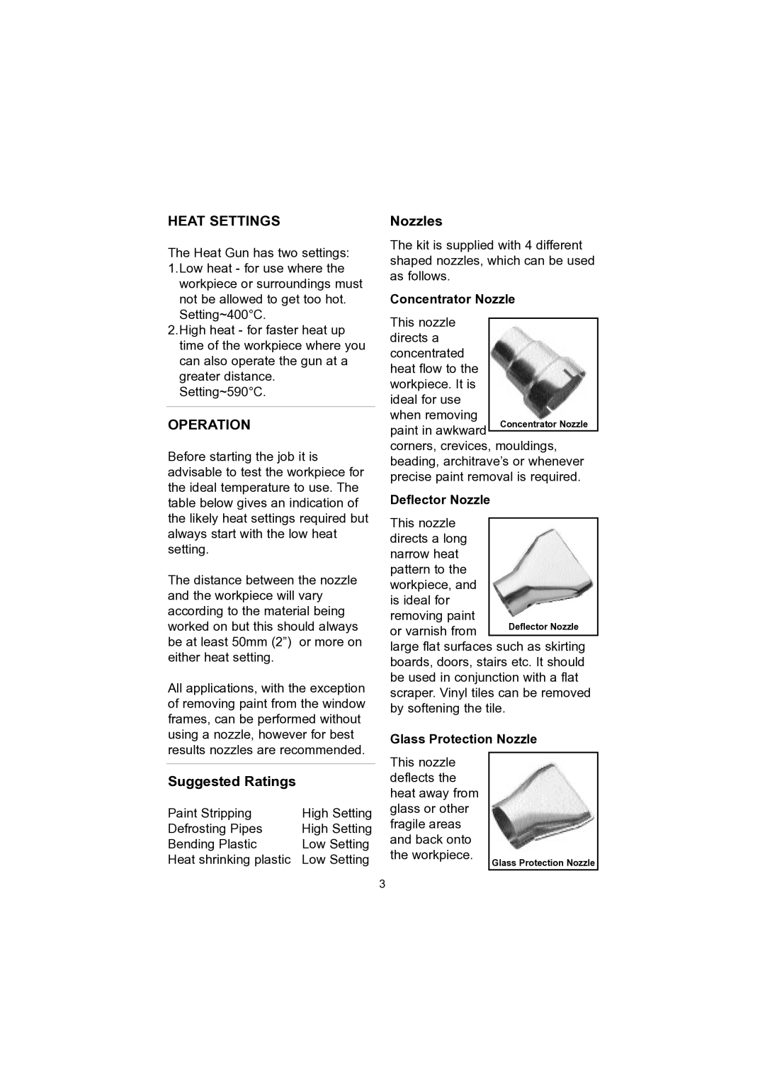 Earlex HG 1600K operating instructions Heat Settings, Operation, Suggested Ratings, Nozzles 