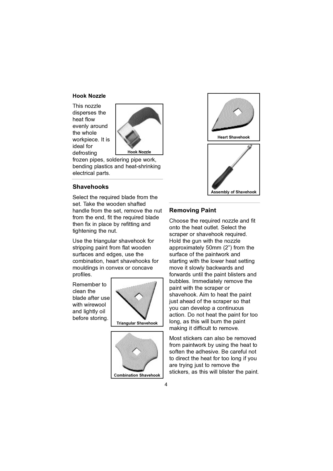 Earlex HG 1600K operating instructions Shavehooks, Removing Paint, Hook Nozzle 