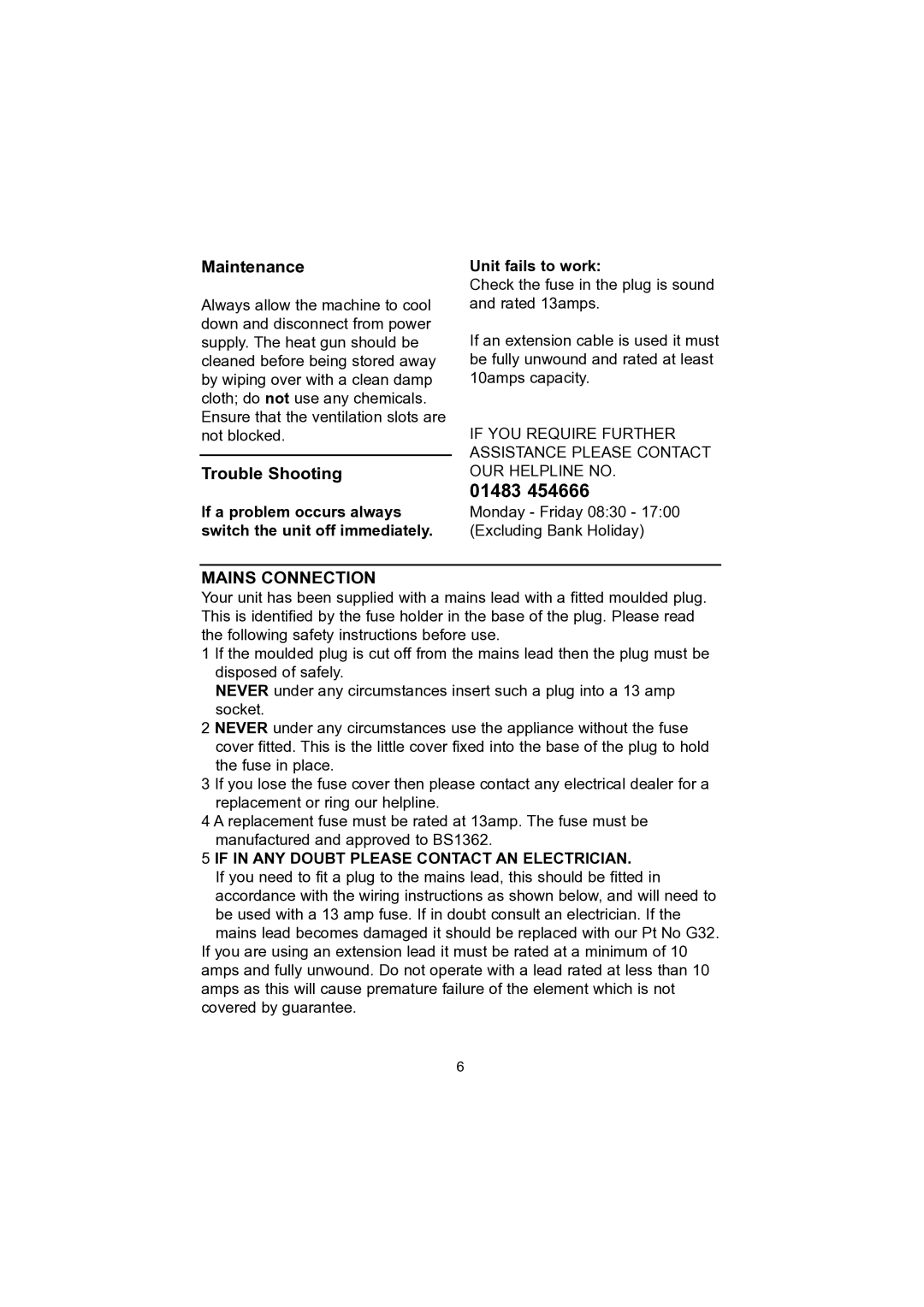 Earlex HG 1600K operating instructions Maintenance, Trouble Shooting, Mains Connection 