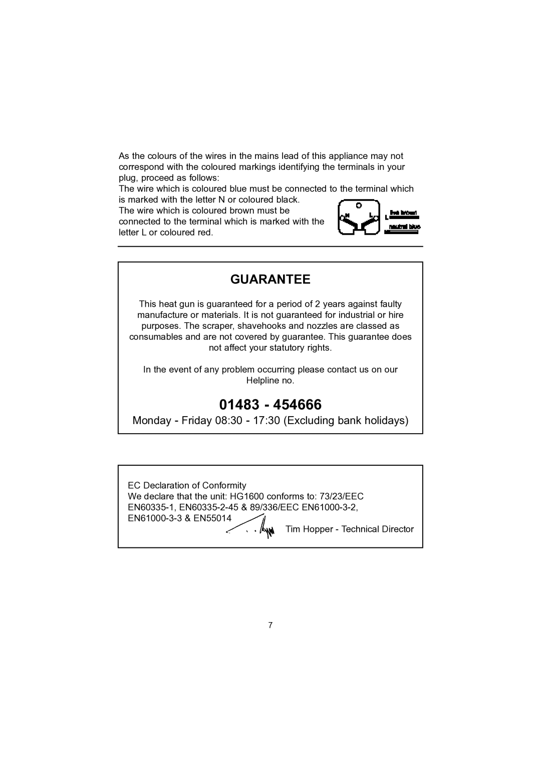 Earlex HG 1600K operating instructions 01483 