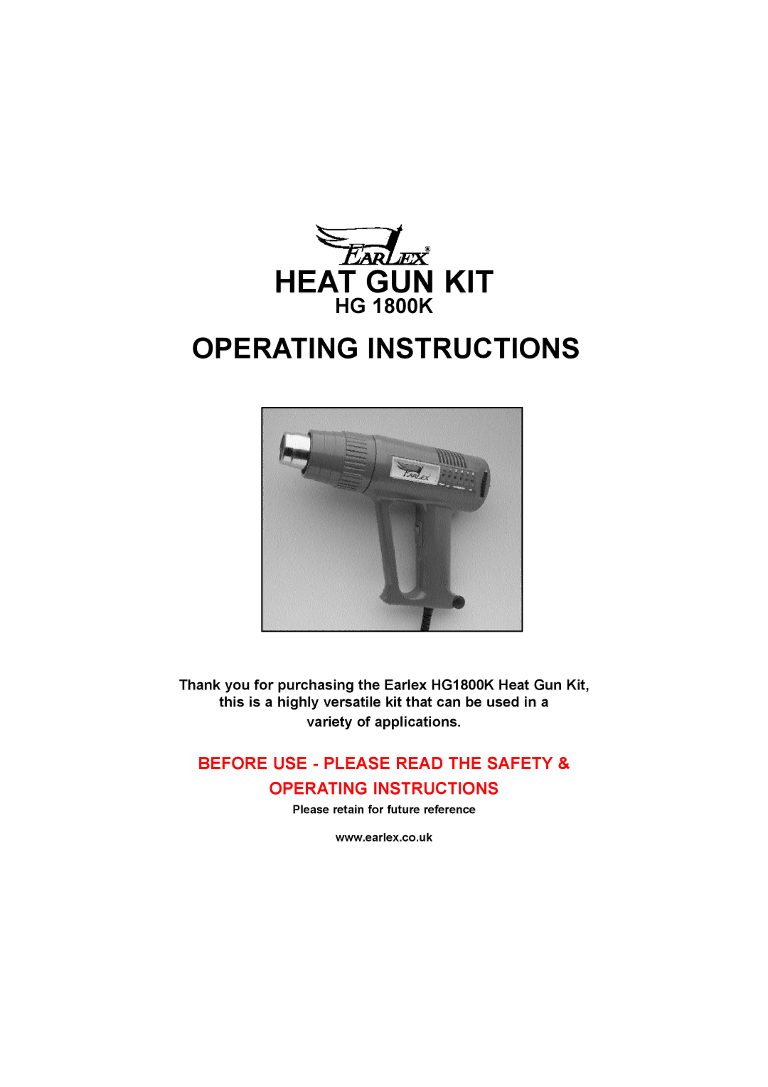 Earlex HG 1800K operating instructions Heat GUN KIT 