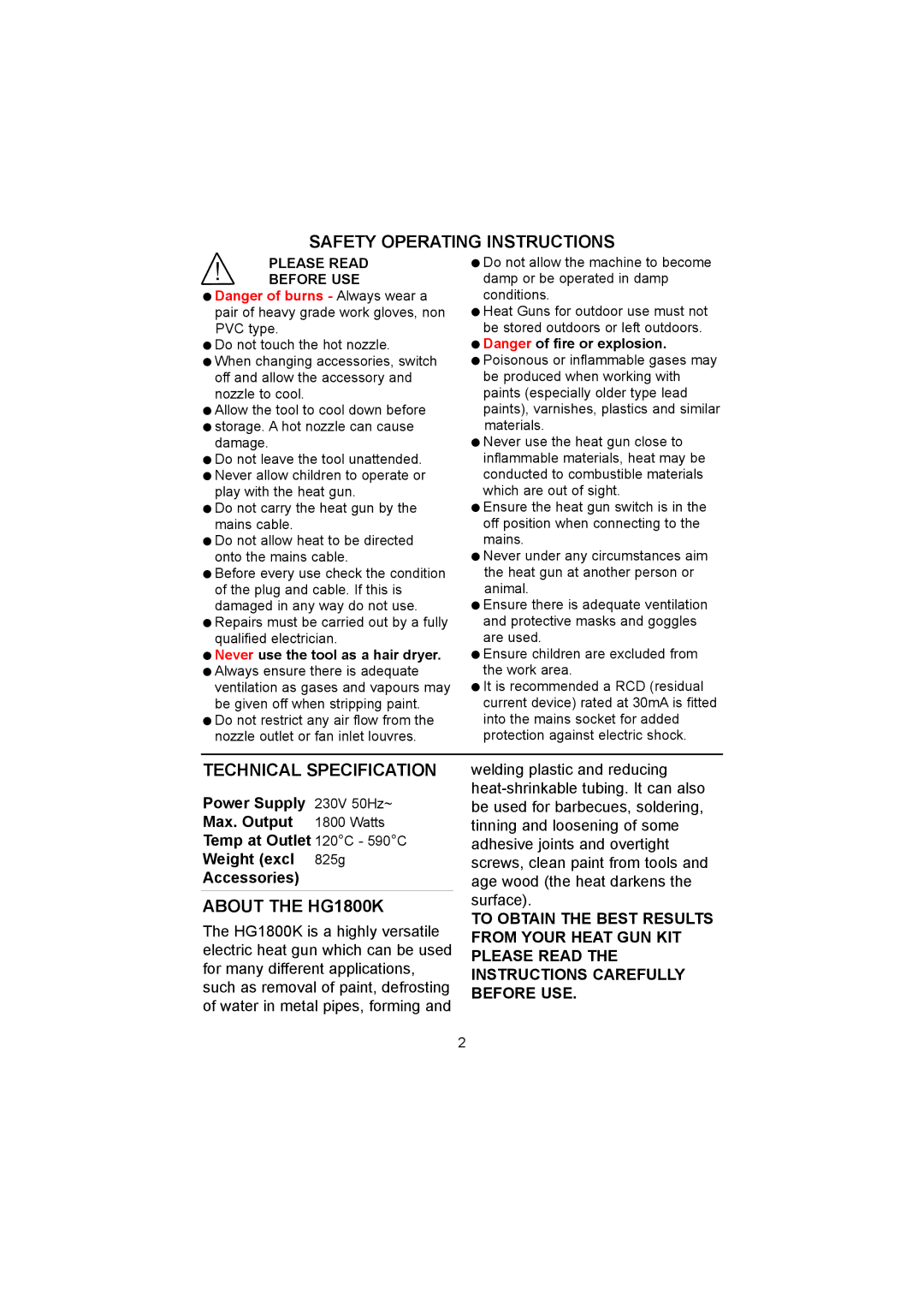 Earlex HG 1800K operating instructions Safety Operating Instructions, Technical Specification, About the HG1800K 