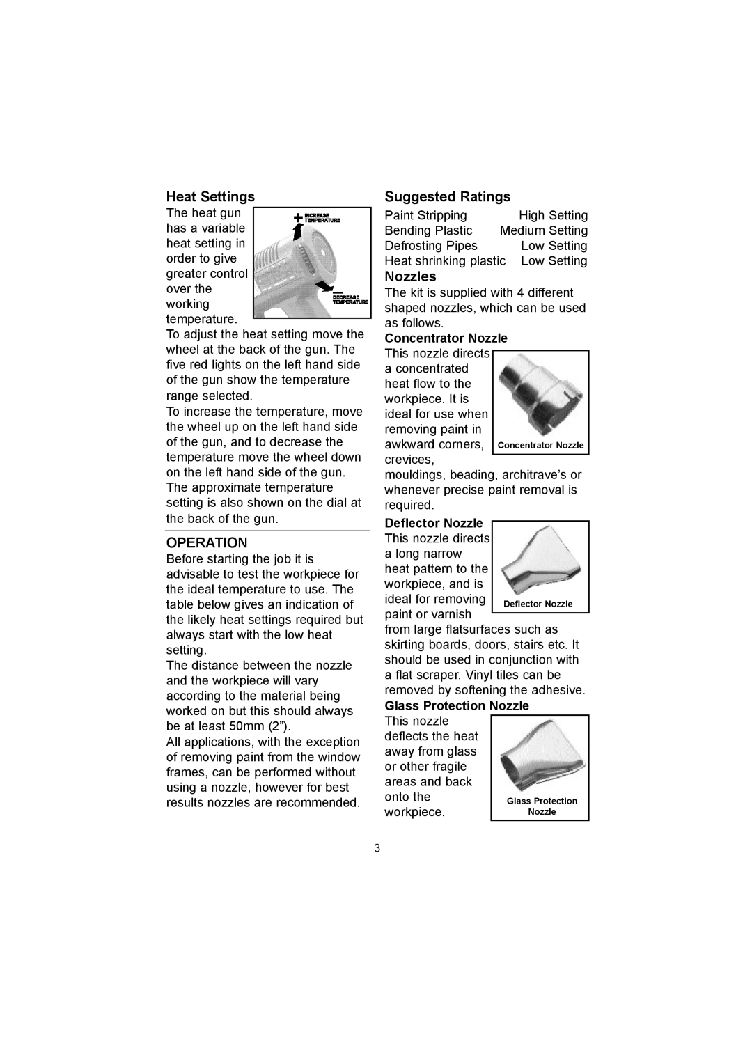 Earlex HG 1800K operating instructions Heat Settings, Operation, Suggested Ratings, Nozzles 