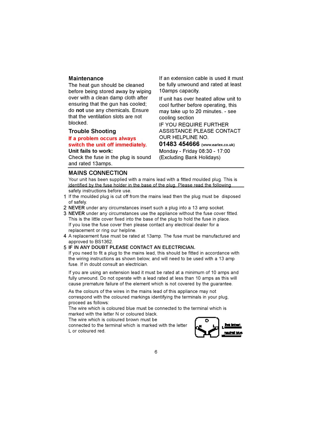 Earlex HG 1800K Maintenance, Trouble Shooting, Mains Connection, If in ANY Doubt Please Contact AN Electrician 