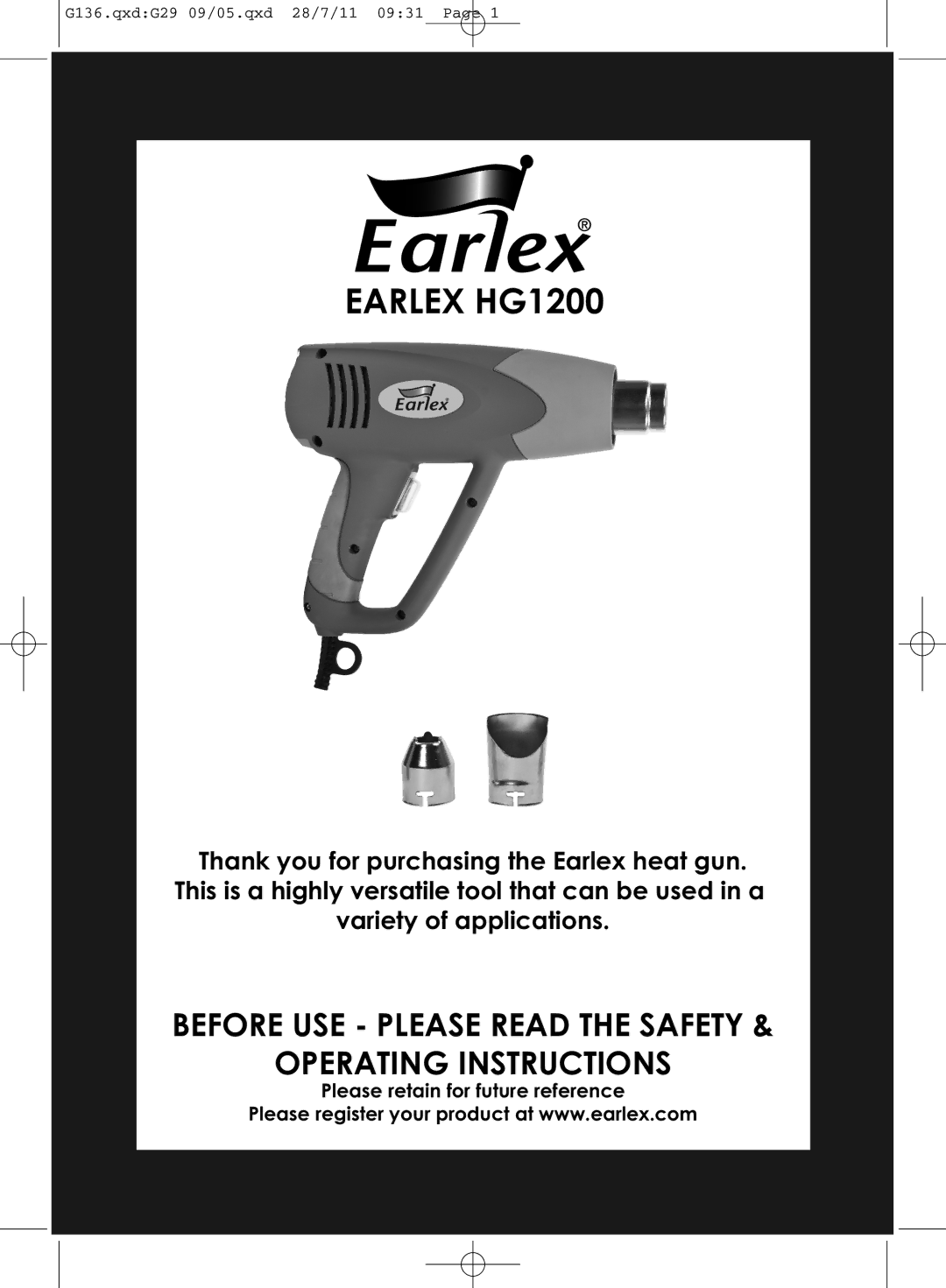 Earlex operating instructions Earlex HG1200 