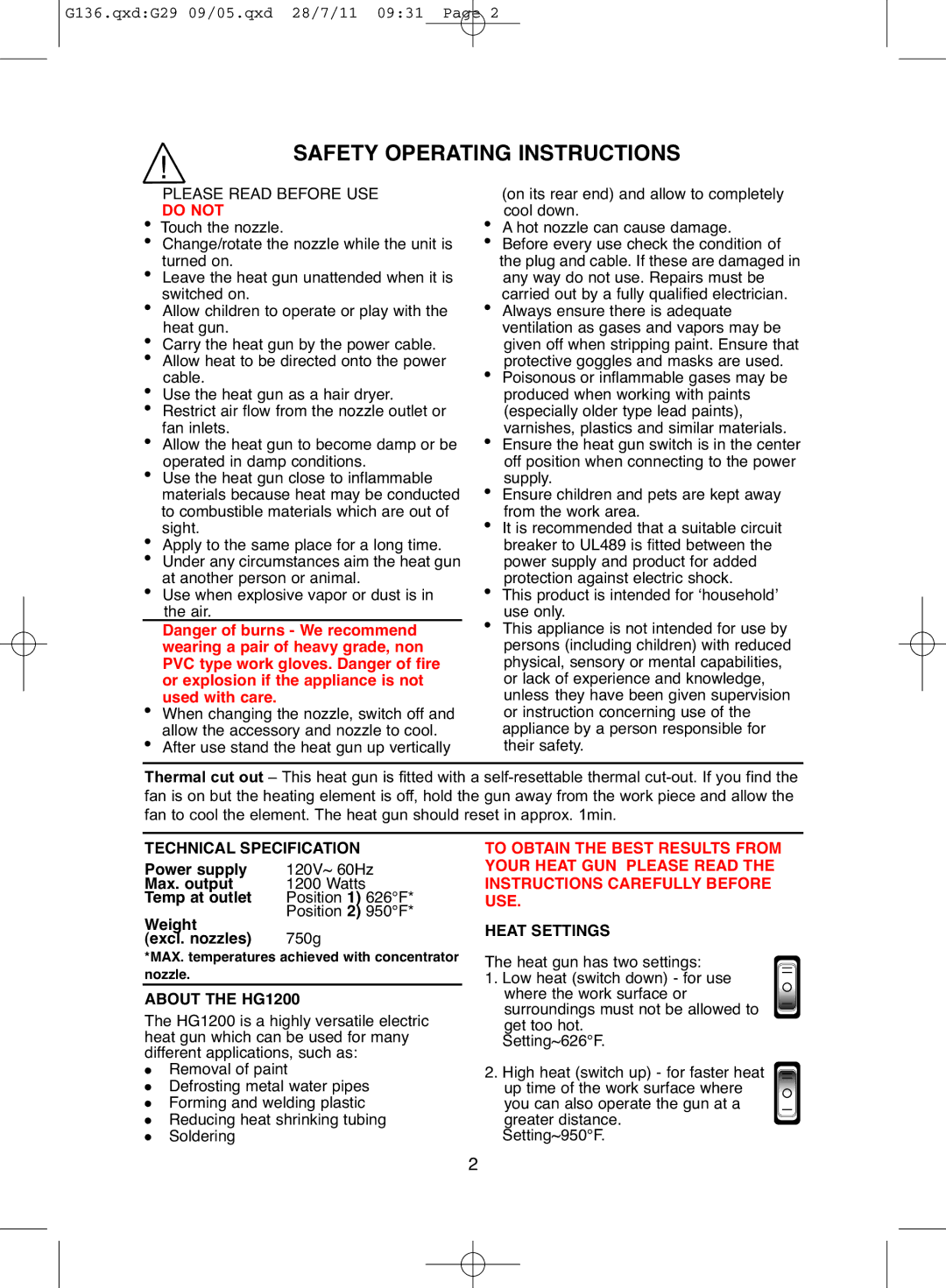 Earlex operating instructions Technical Specification, Heat Settings, About the HG1200 