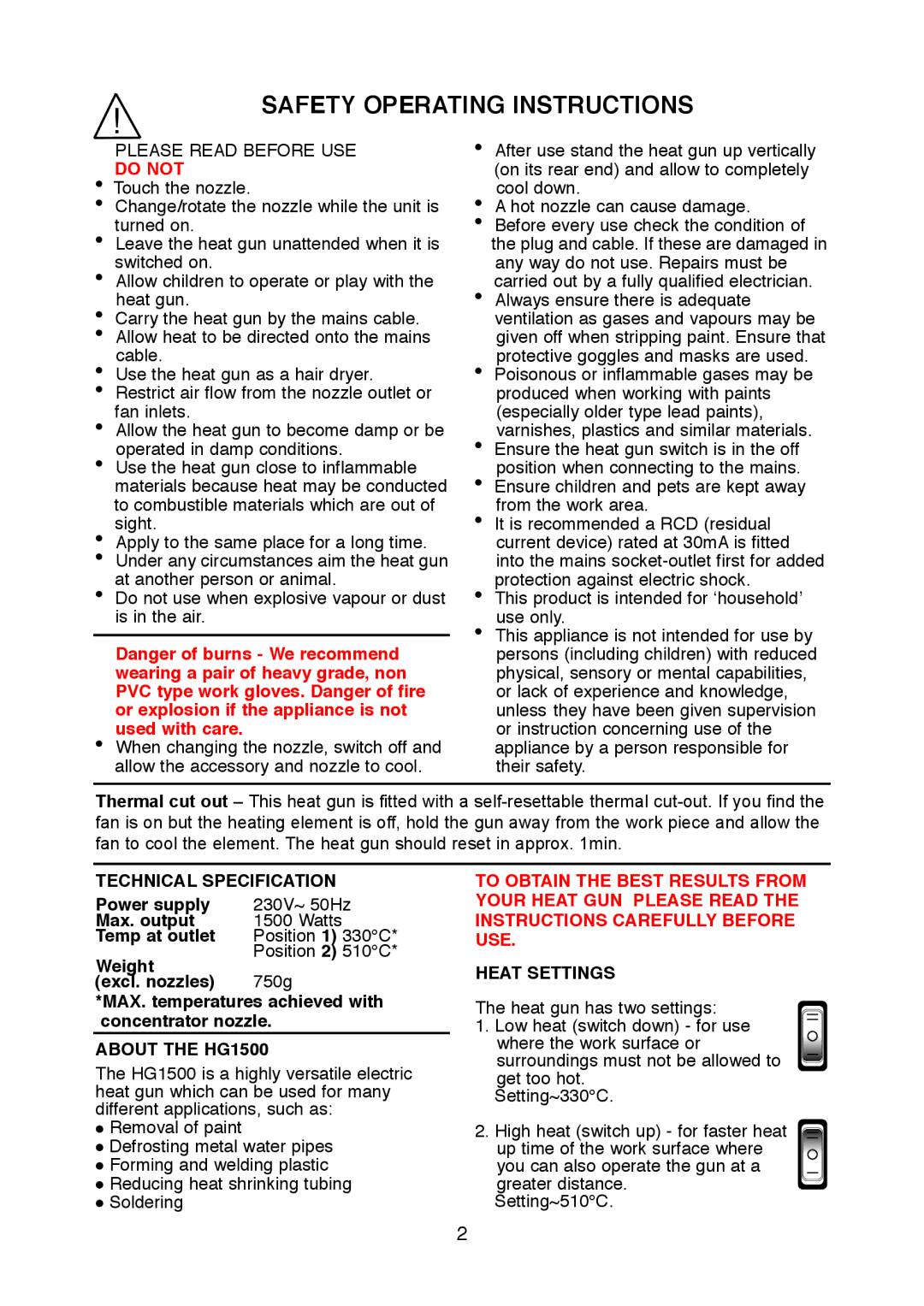 Earlex operating instructions Technical Specification, About the HG1500, Heat Settings 