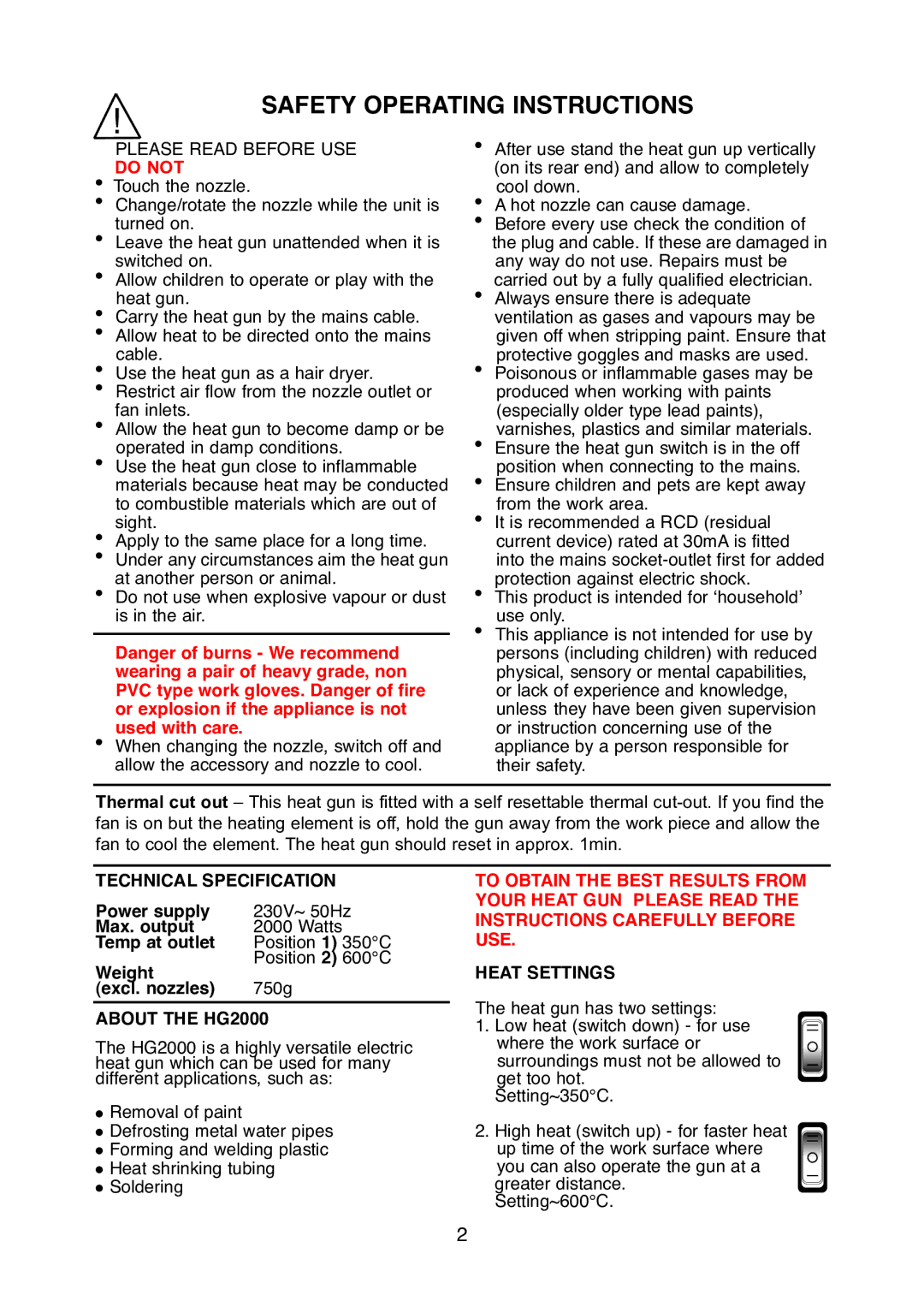 Earlex operating instructions Technical Specification, About the HG2000, Heat Settings 