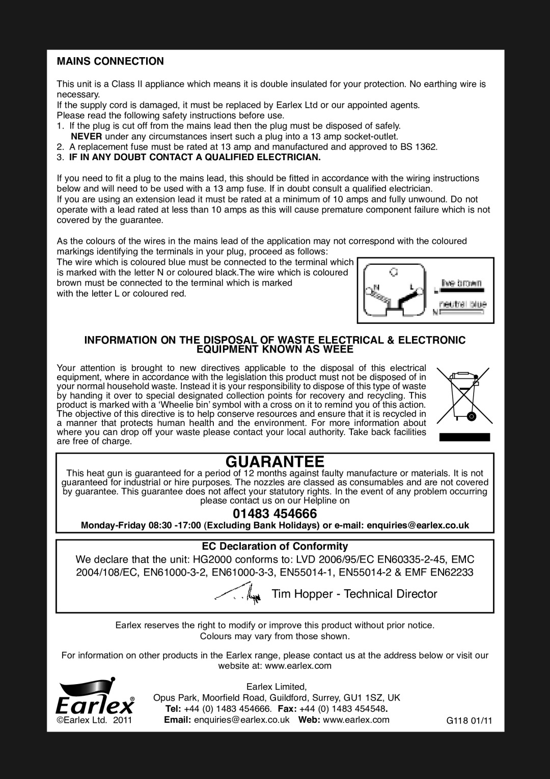 Earlex HG2000 operating instructions Mains Connection, EqUIPMENT kNOWN AS Weee, EC Declaration of Conformity 