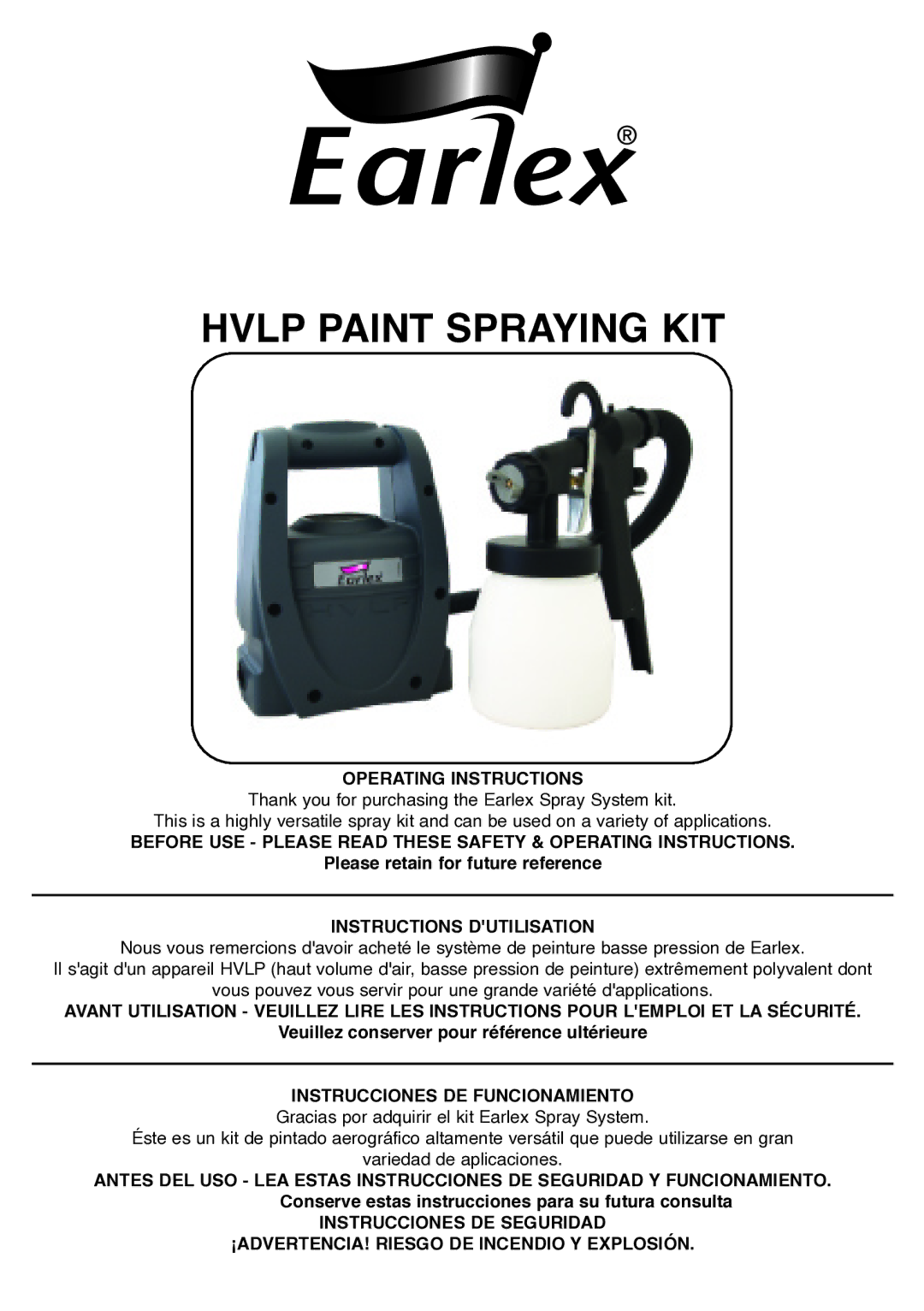 Earlex HV1900 operating instructions Operating Instructions, Instructions Dutilisation, Instrucciones DE Funcionamiento 