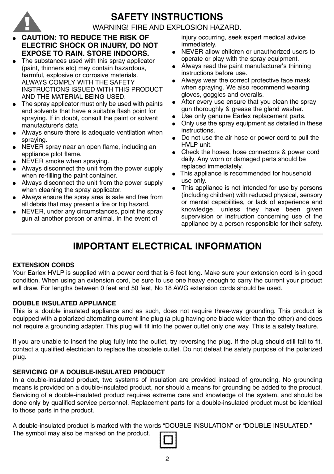 Earlex HV1900 Safety Instructions, Important Electrical Information, Extension Cords, Double Insulated Appliance 