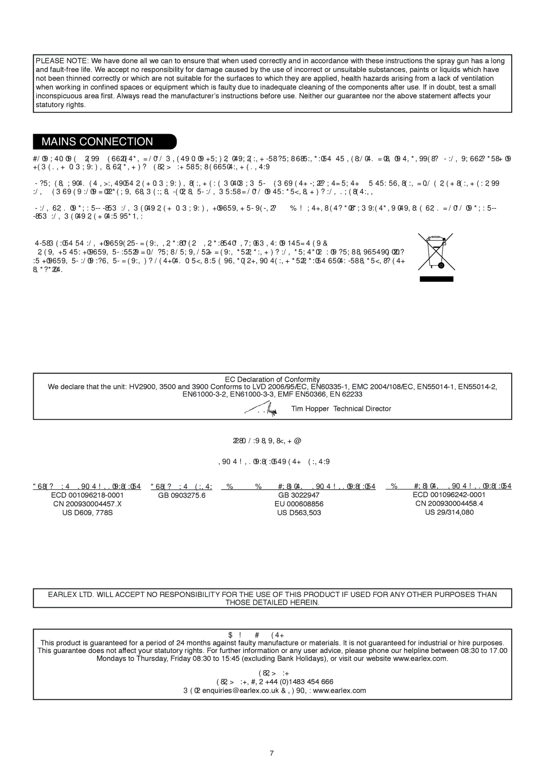 Earlex HV3500, HV3900 Mains Connection, All rights reserved Design Registrations and Patents, Guarantee and Helpline 