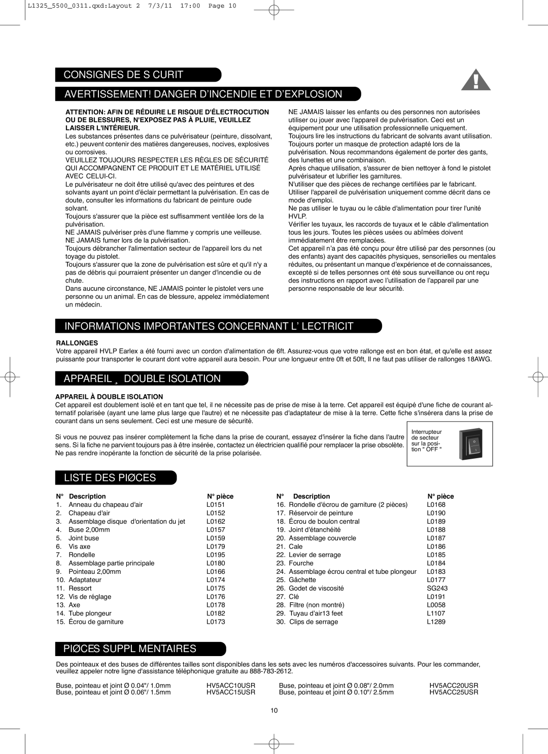 Earlex HV5500US, hv5500 Informations Importantes Concernant Lélectricité, Appareil À Double Isolation, Liste DES Pièces 