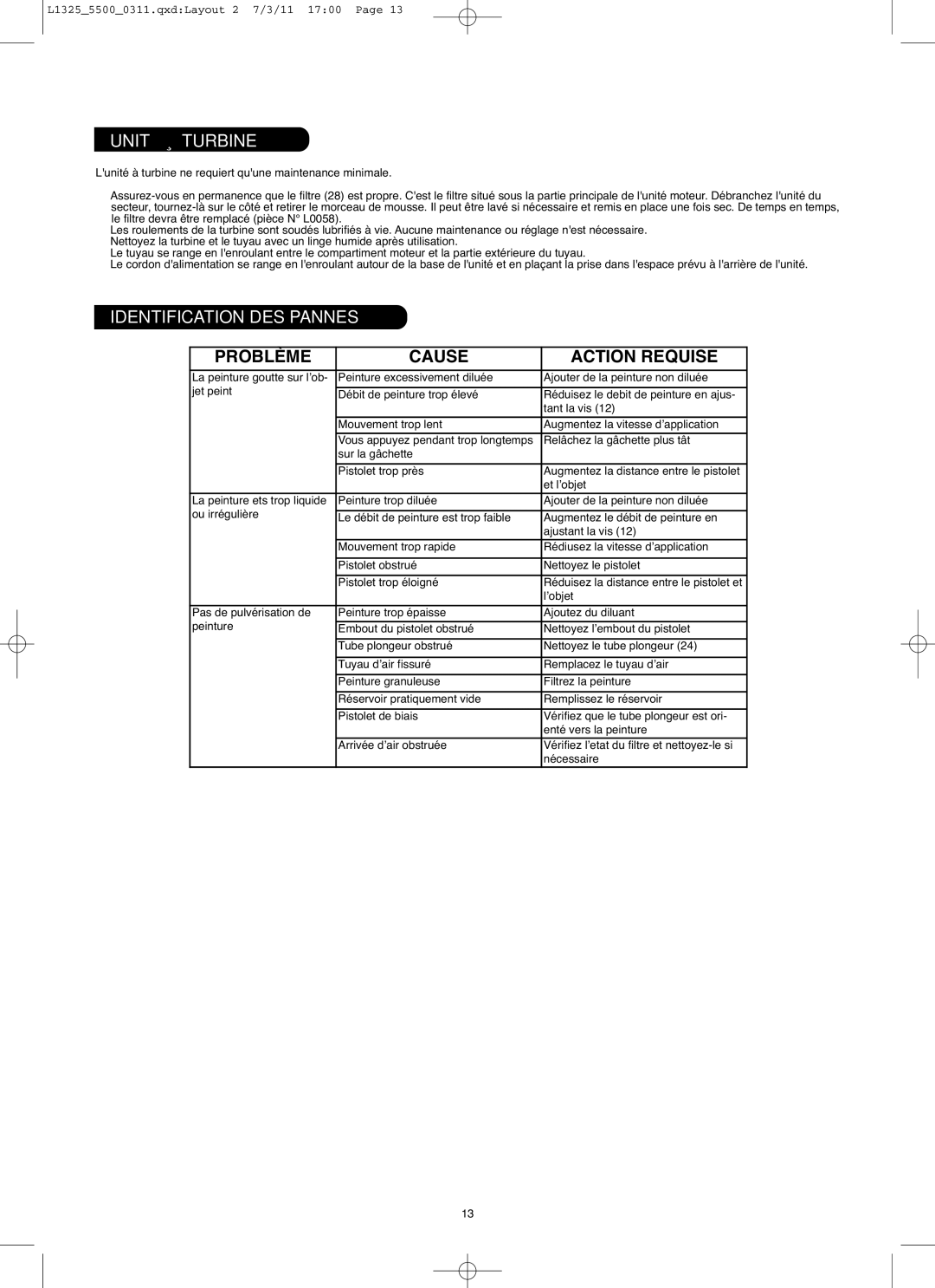 Earlex hv5500, HV5500US instruction manual Unité À Turbine, Identification DES Pannes 