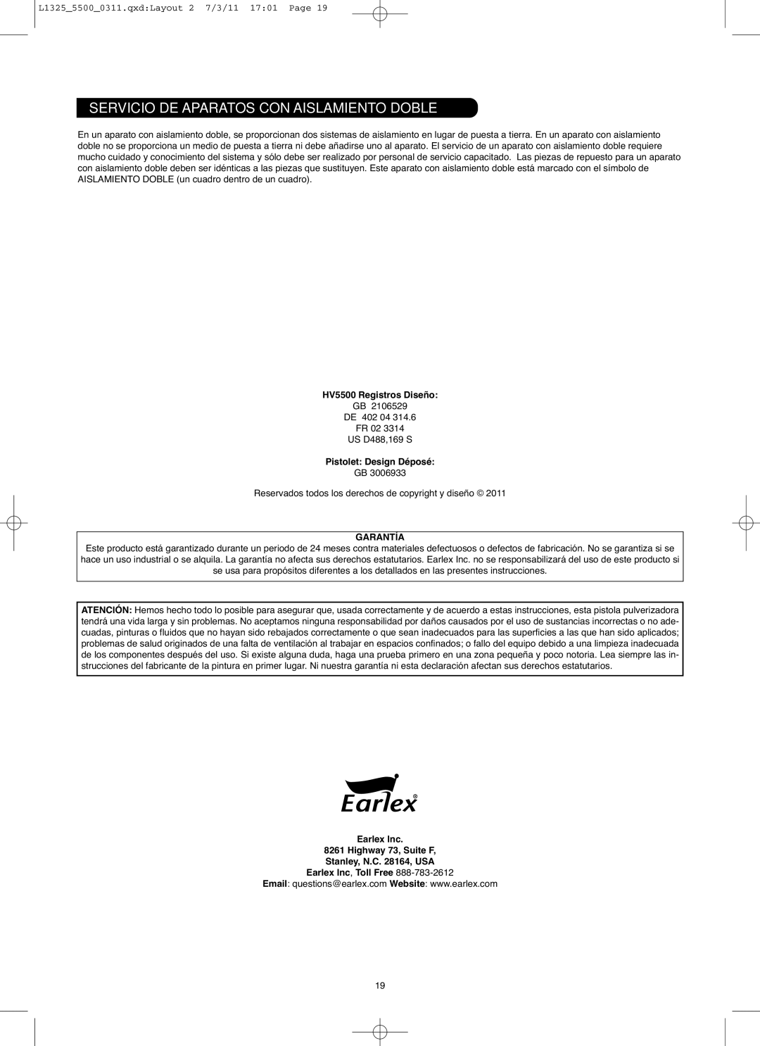 Earlex hv5500, HV5500US instruction manual Servicio DE Aparatoscon Aislamiento Doble, Garantía 