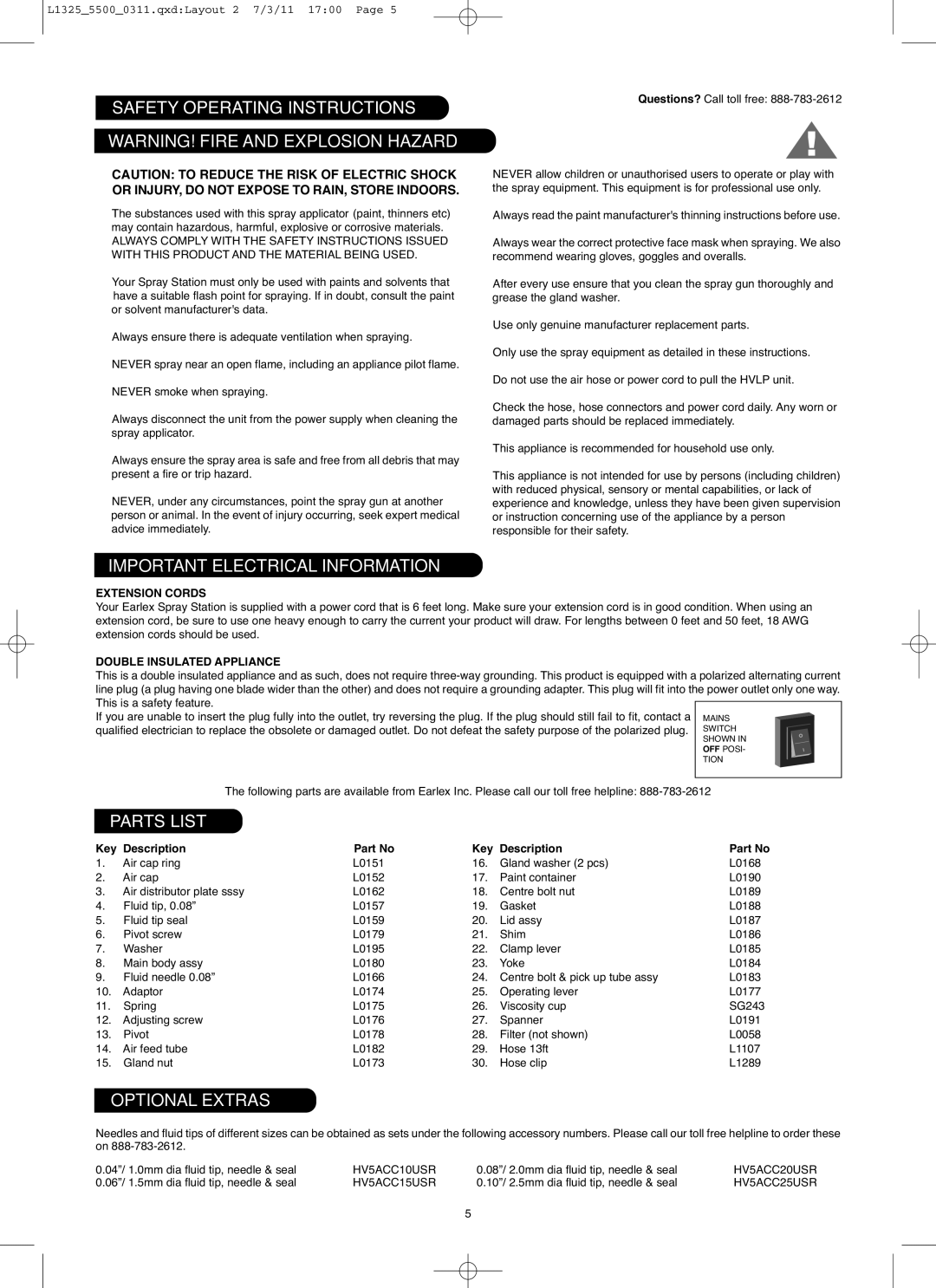 Earlex hv5500, HV5500US Safety Operating Instructions, Important Electrical Information, Parts List, Optional Extras 