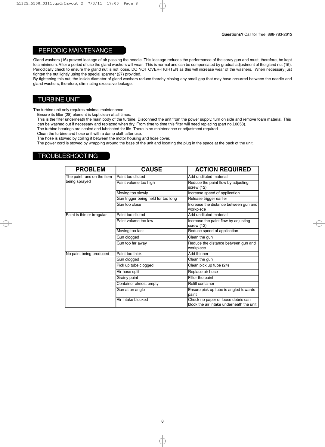 Earlex HV5500US, hv5500 instruction manual Periodic Maintenance, Turbine Unit, Troubleshooting 