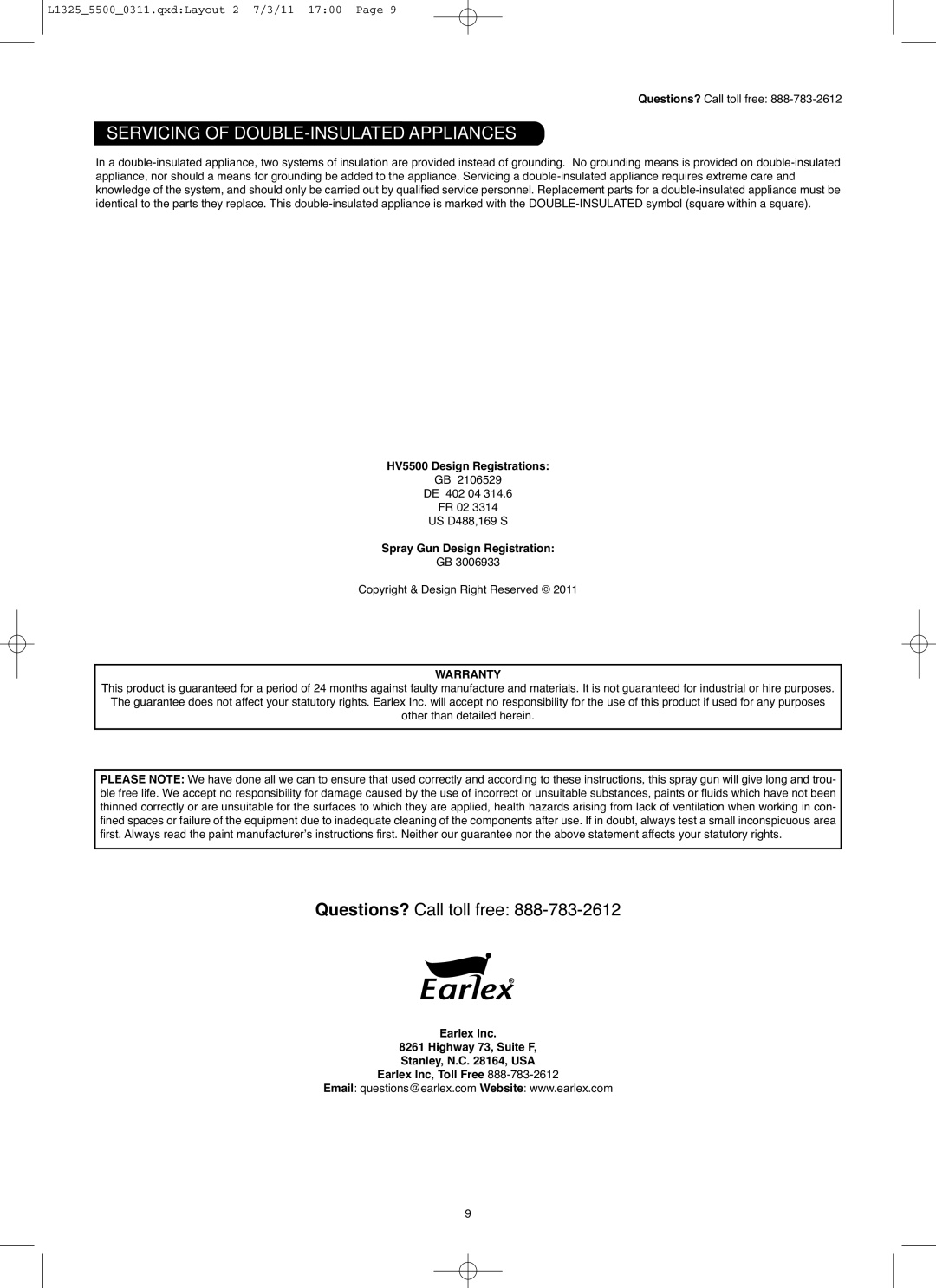 Earlex hv5500, HV5500US instruction manual Servicing of DOUBLE-INSULATED Appliances, Warranty 