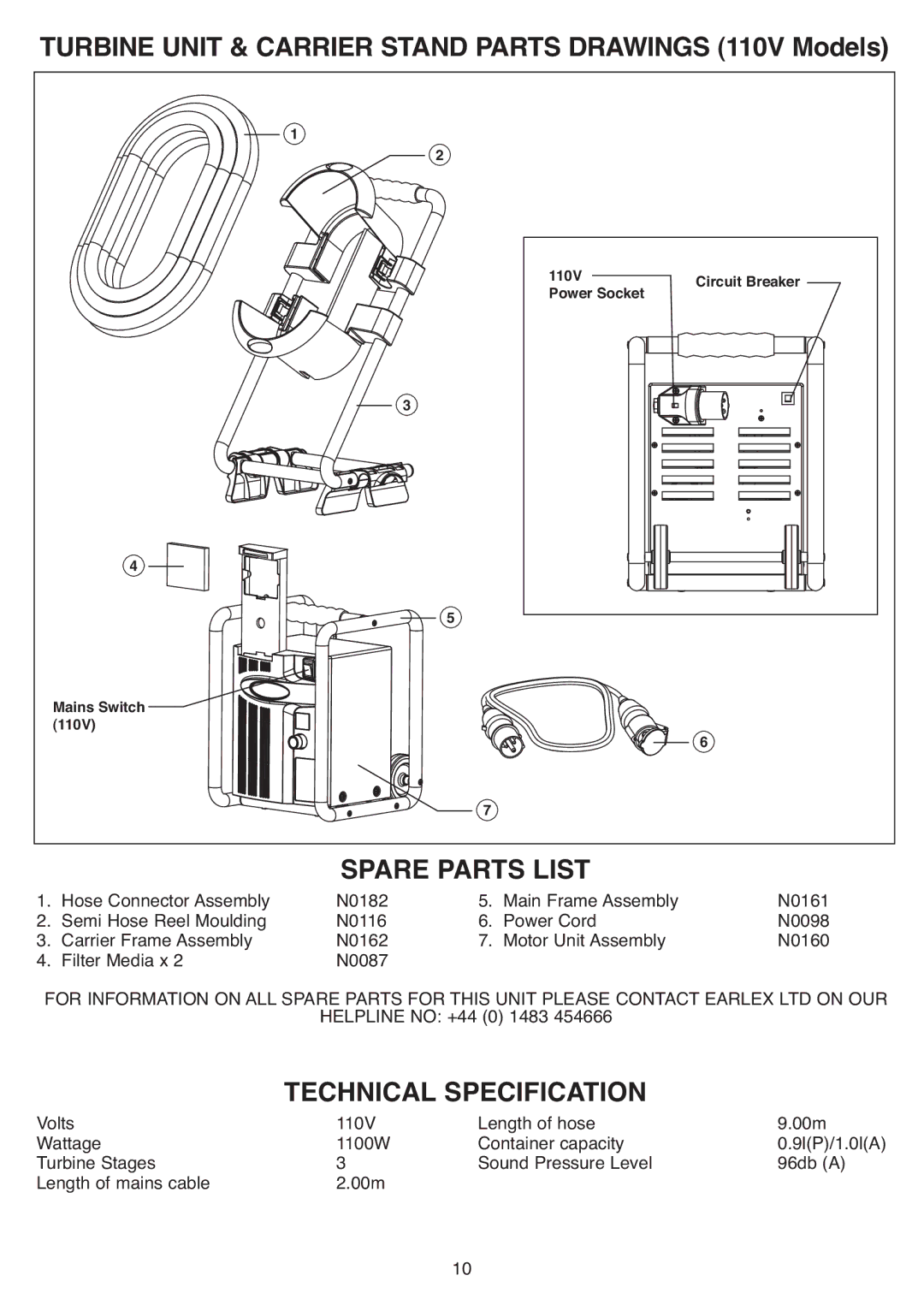 Earlex HV7000 operating instructions Turbine Unit & Carrier Stand Partsdrawings 110V Models 