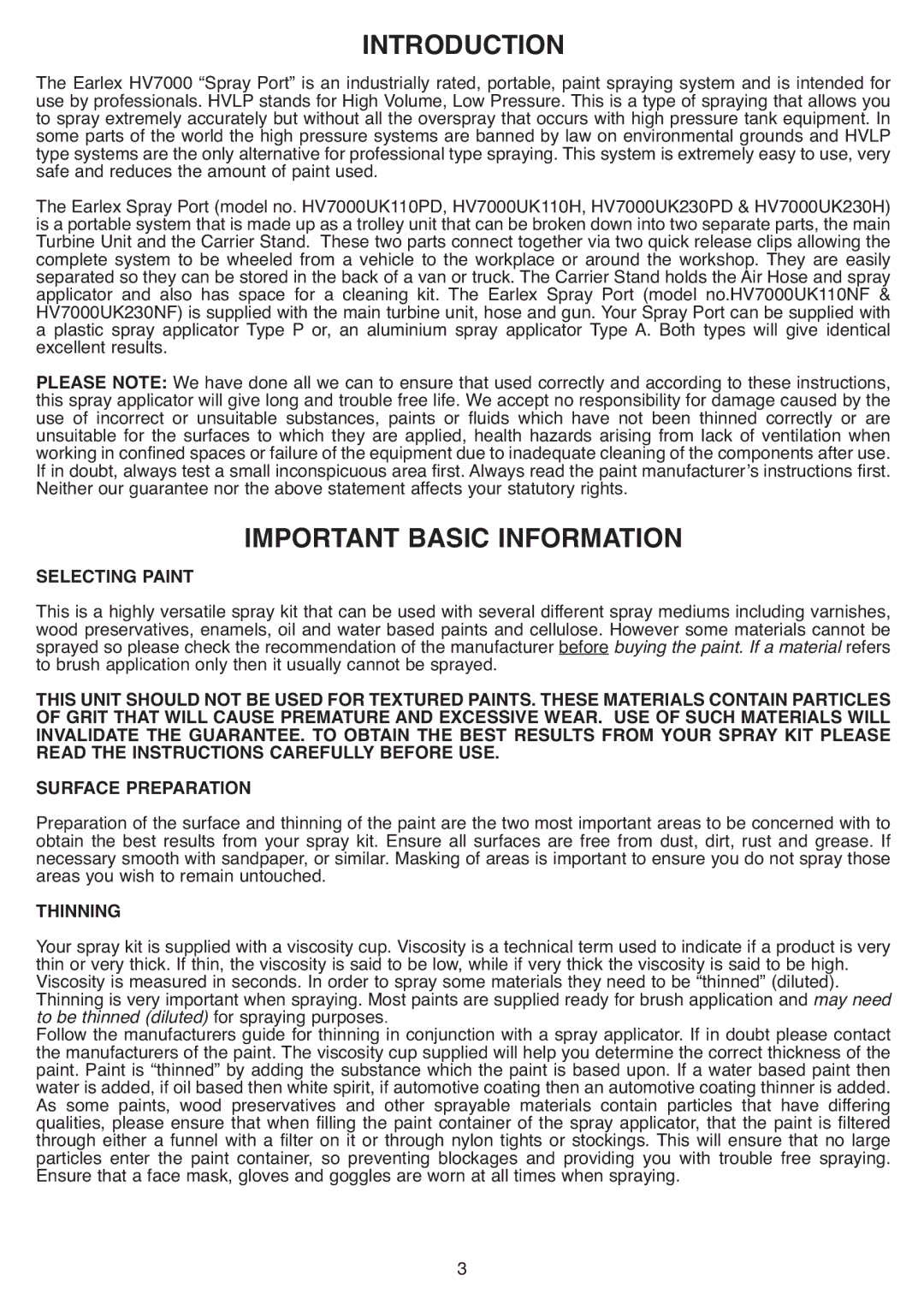 Earlex HV7000 operating instructions Introduction, Important Basic Information, Selecting Paint, Thinning 