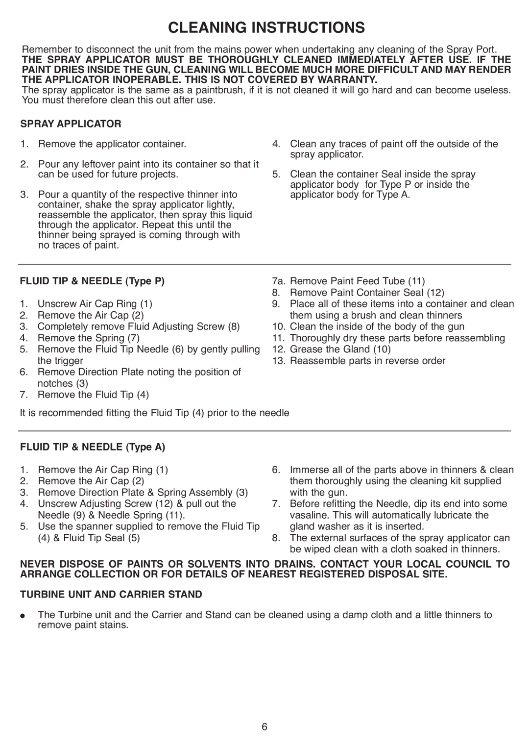 Earlex HV7000 Cleaning Instructions, Spray Applicator, Fluid TIP & Needle Type P, Fluid TIP & Needle Type a 